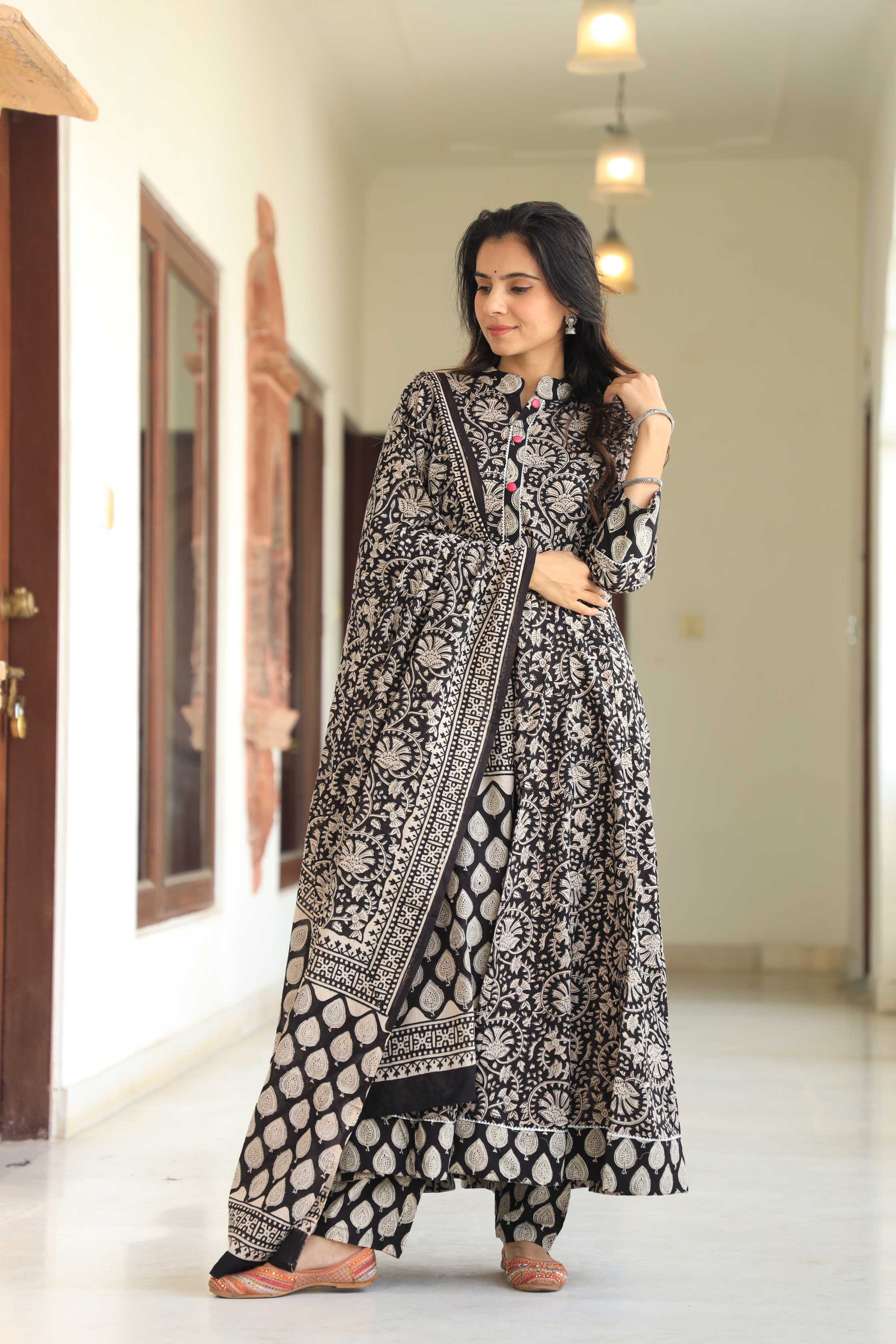 Jet Black & Cream Floral Kalamkari Print Cotton Anarkali Suit