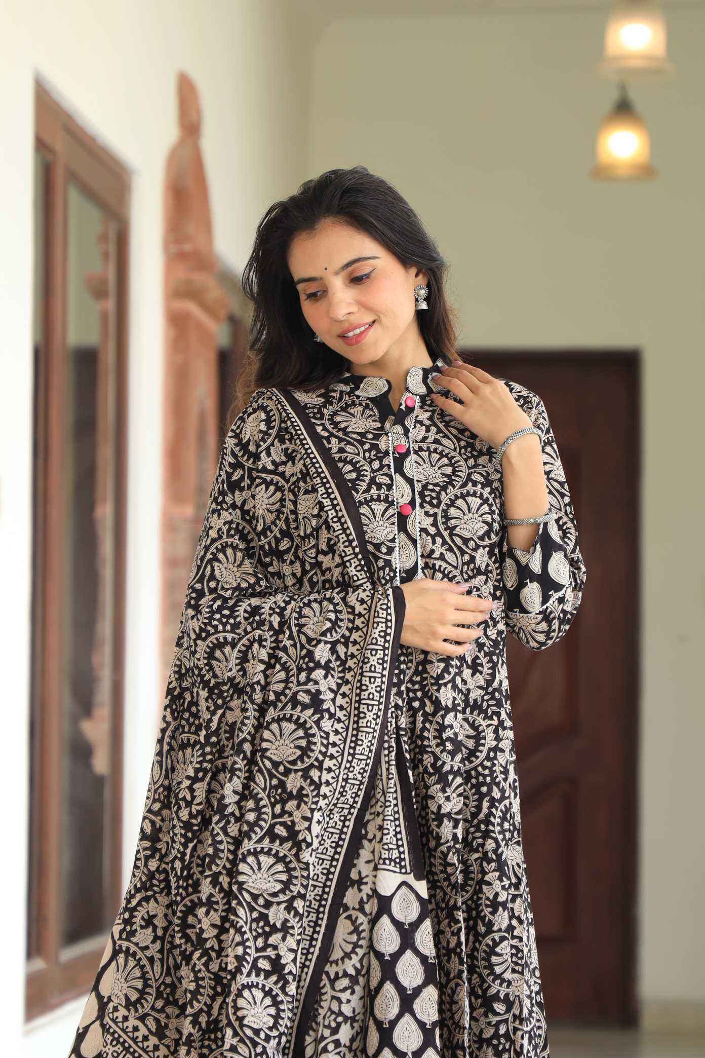 Jet Black & Cream Floral Kalamkari Print Cotton Anarkali Suit