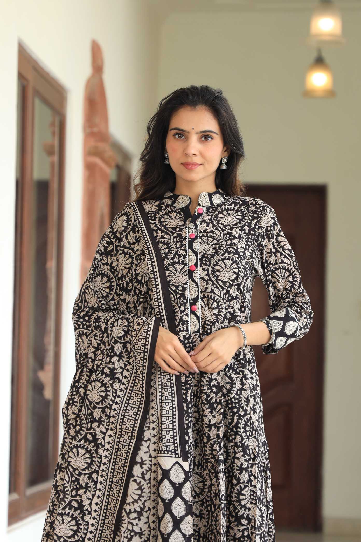Jet Black & Cream Floral Kalamkari Print Cotton Anarkali Suit