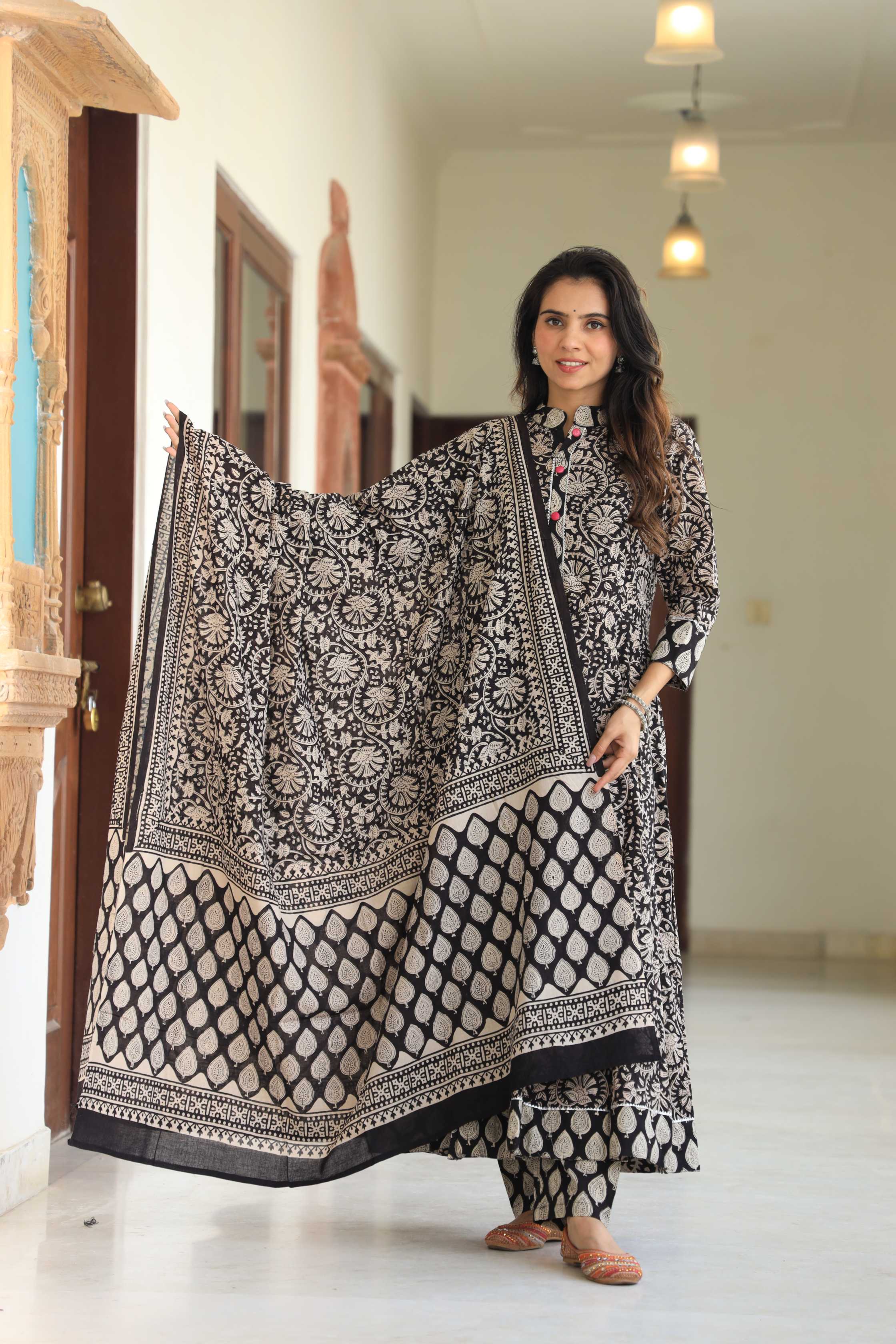 Jet Black & Cream Floral Kalamkari Print Cotton Anarkali Suit