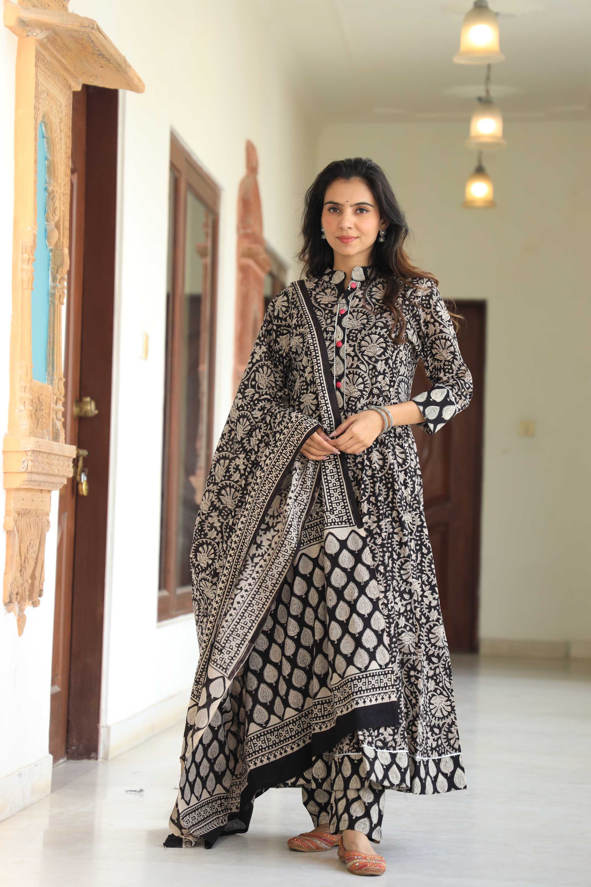 Jet Black & Cream Floral Kalamkari Print Cotton Anarkali Suit
