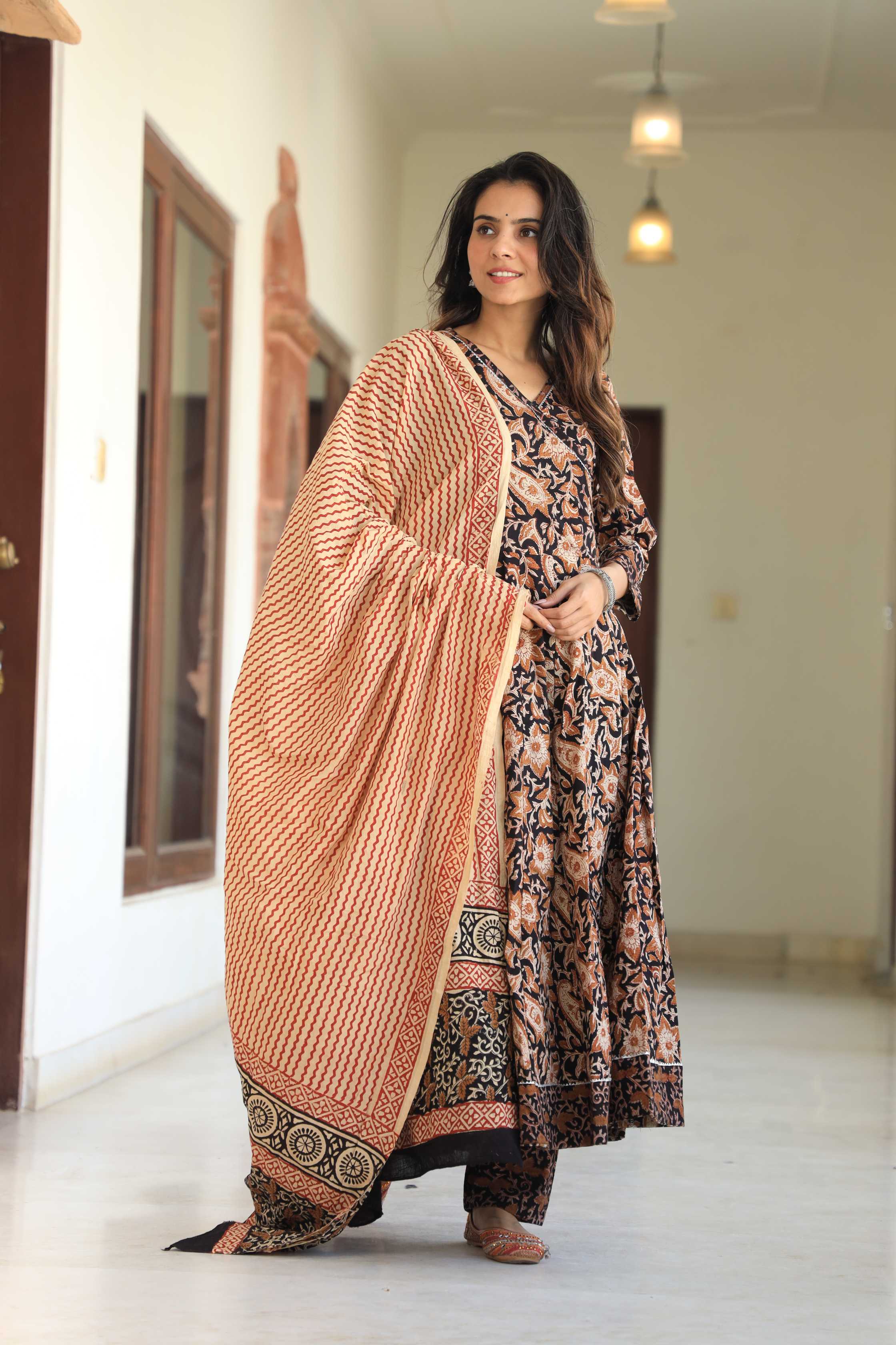 Black and Beige Floral Kalamkari Angrakha Anarkali Suit