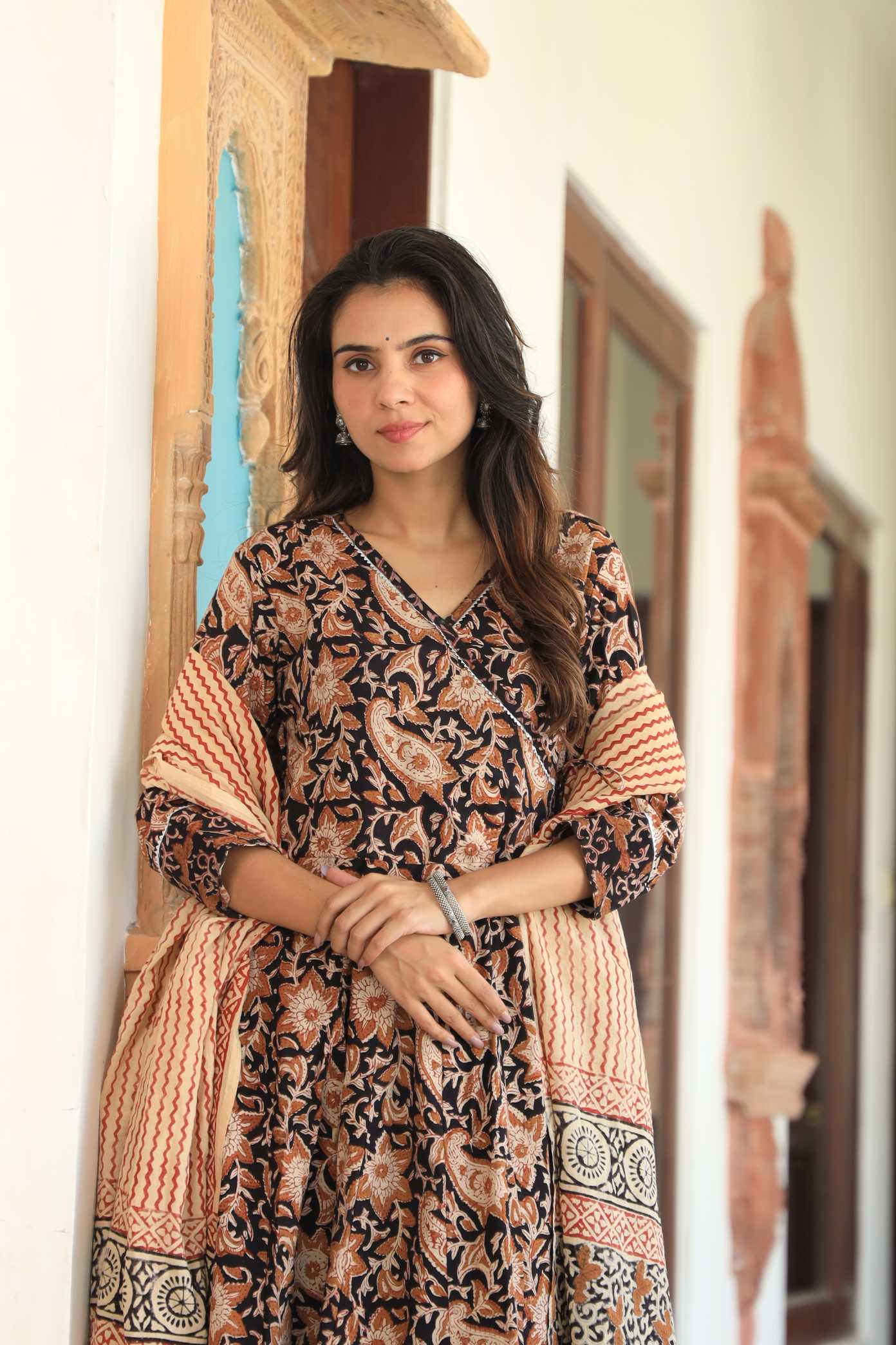 Black and Beige Floral Kalamkari Angrakha Anarkali Suit