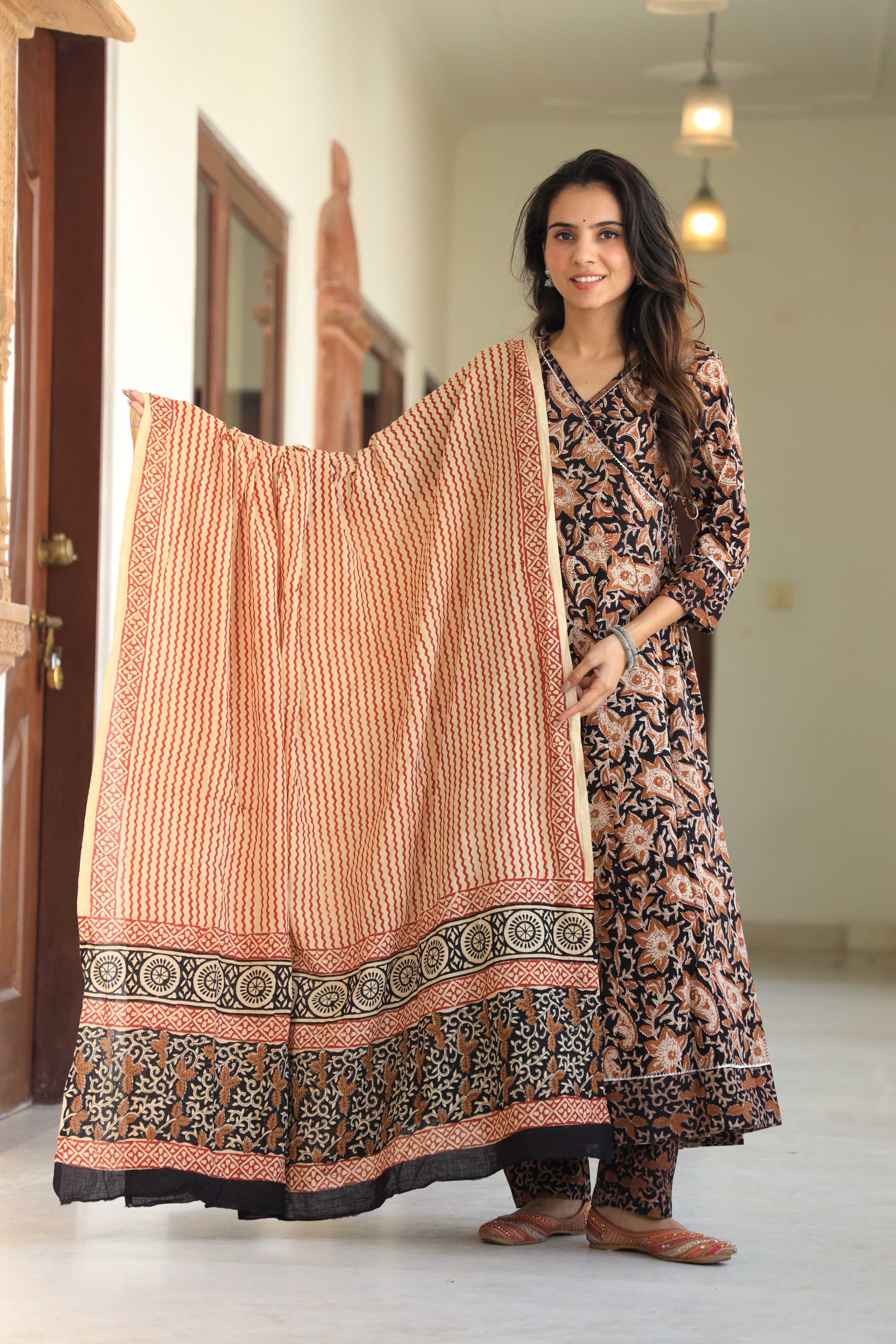 Black and Beige Floral Kalamkari Angrakha Anarkali Suit
