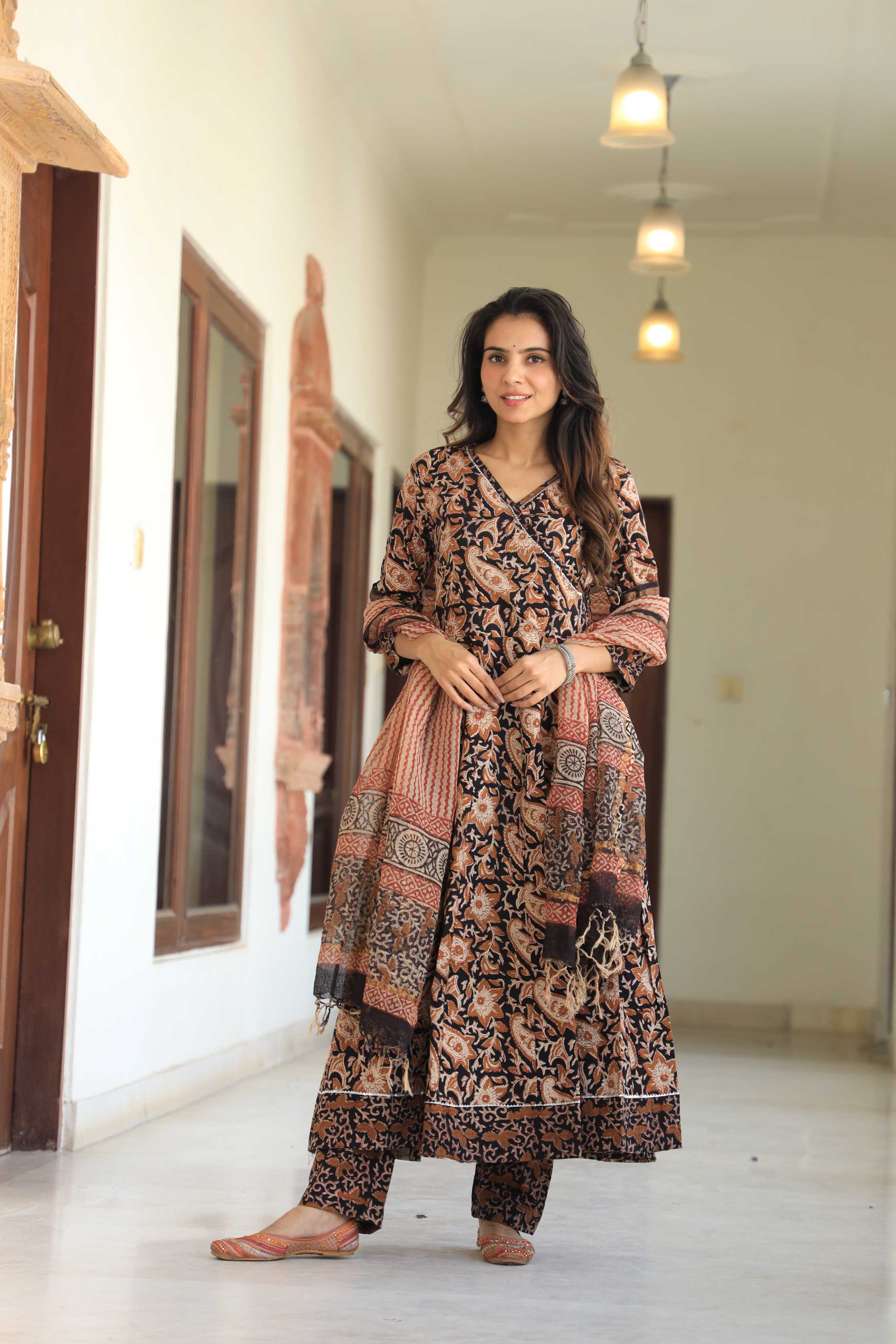 Black and Beige Floral Kalamkari Angrakha Anarkali Suit