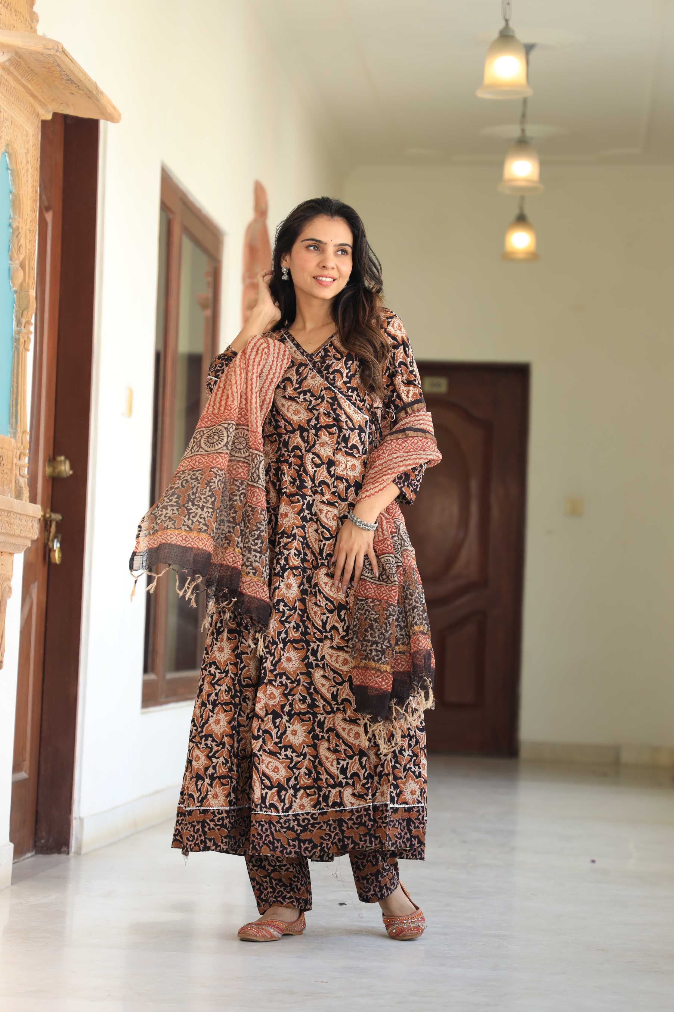 Black and Beige Floral Kalamkari Angrakha Anarkali Suit