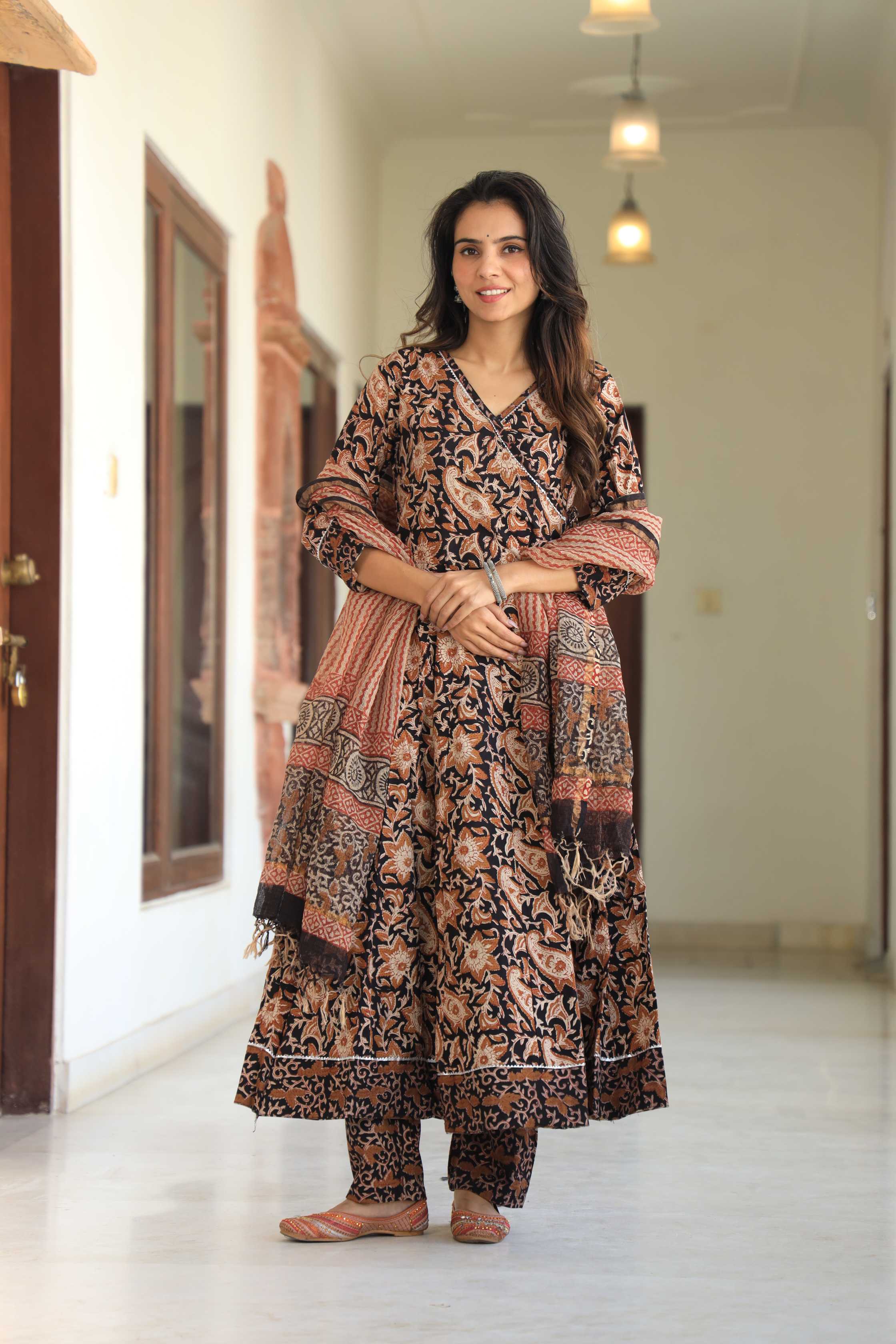 Black and Beige Floral Kalamkari Angrakha Anarkali Suit