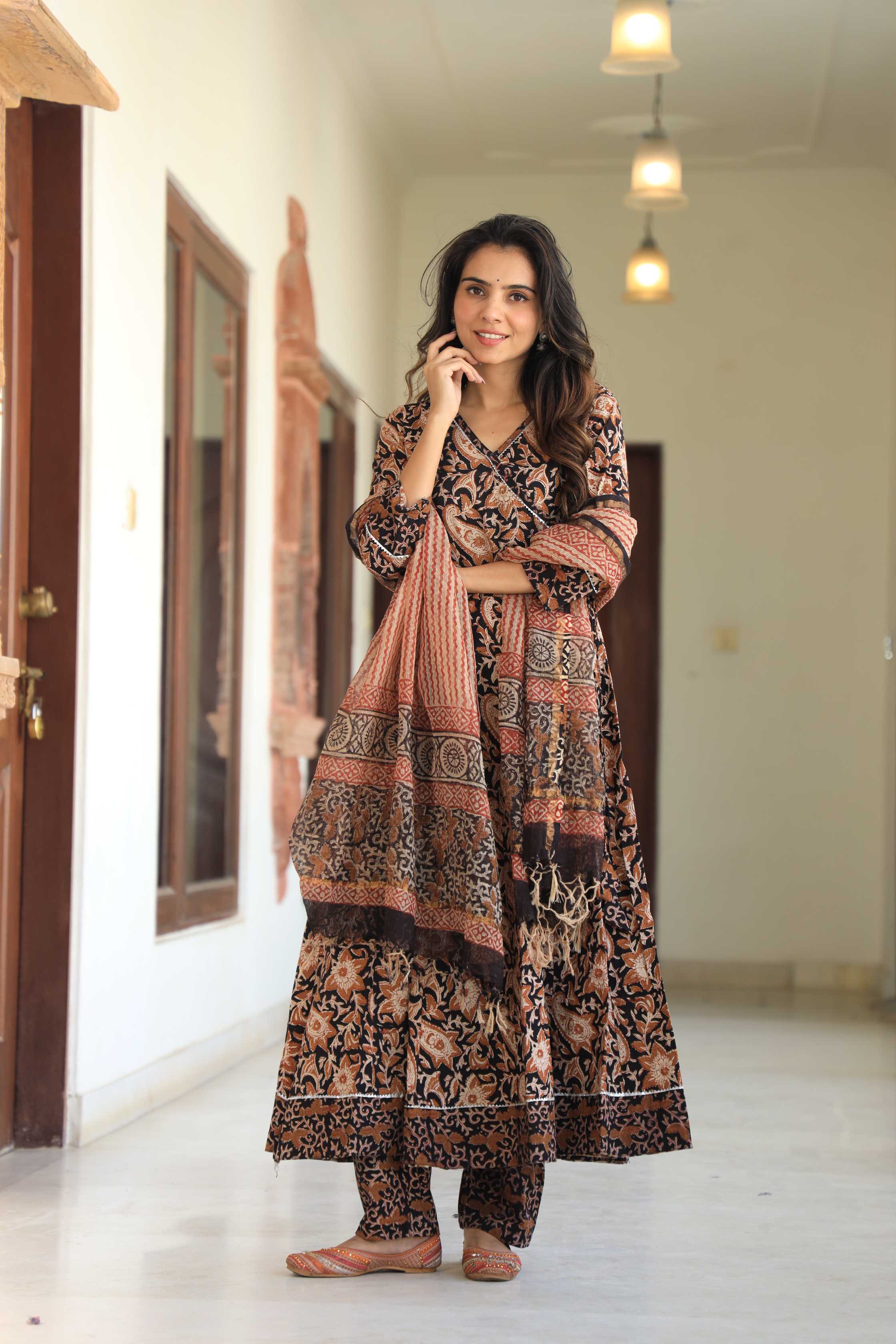 Black and Beige Floral Kalamkari Angrakha Anarkali Suit