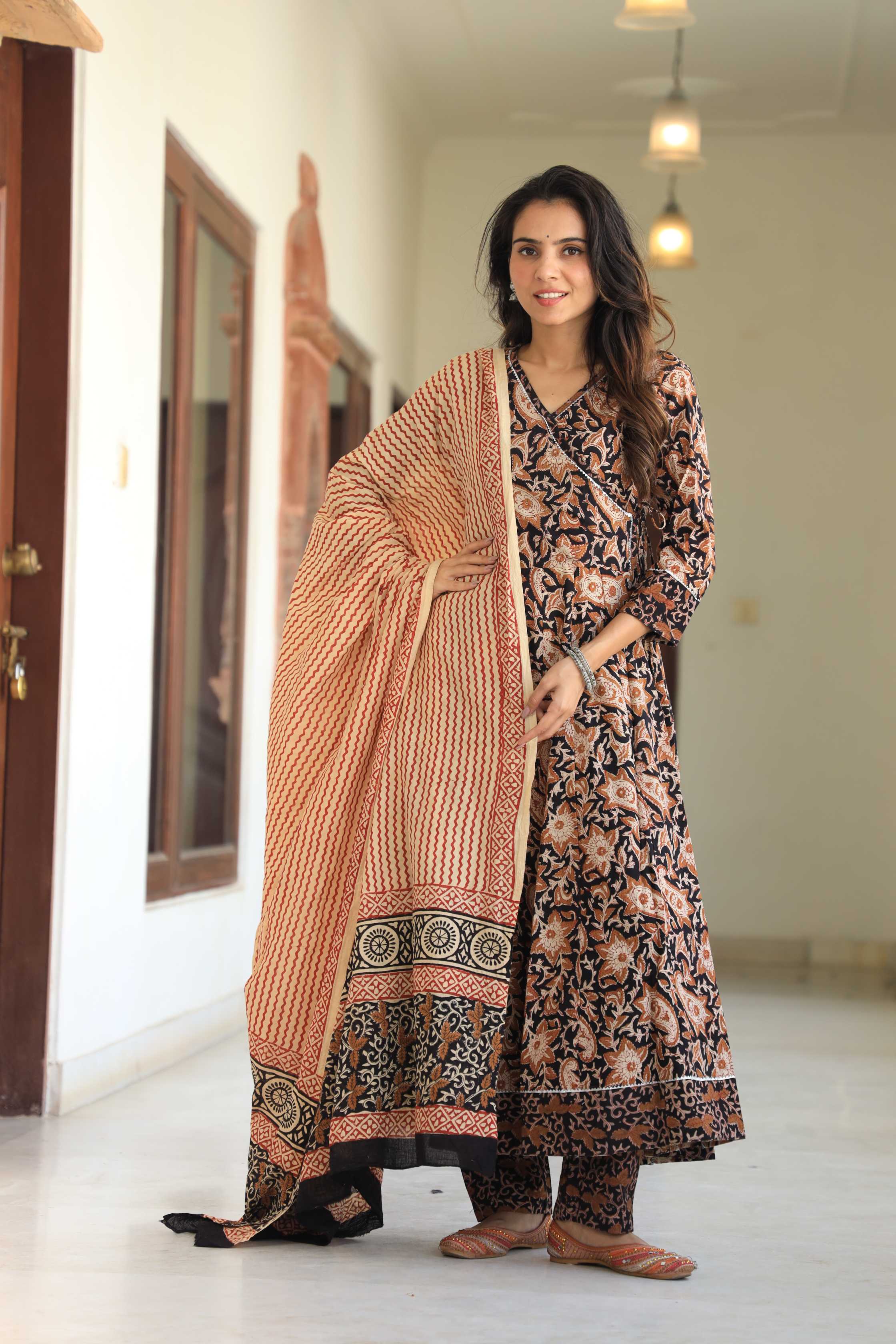 Black and Beige Floral Kalamkari Angrakha Anarkali Suit