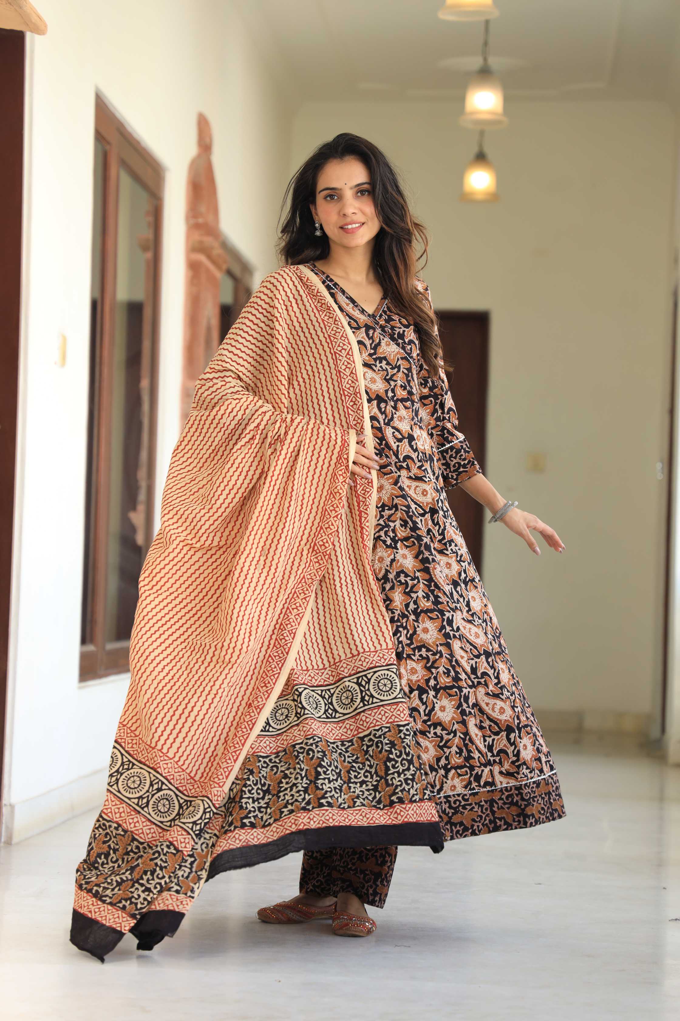 Black and Beige Floral Kalamkari Angrakha Anarkali Suit