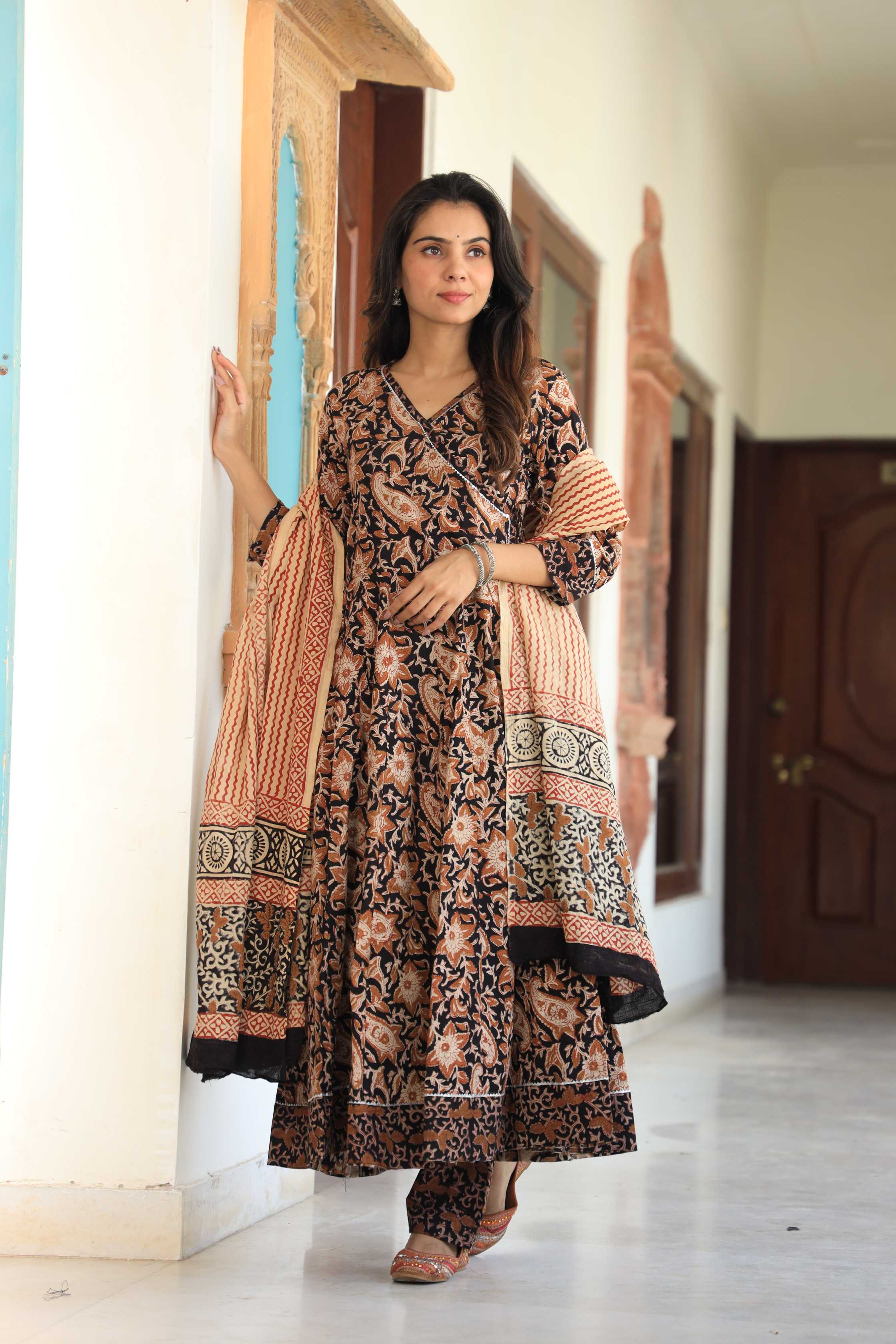 Black and Beige Floral Kalamkari Angrakha Anarkali Suit