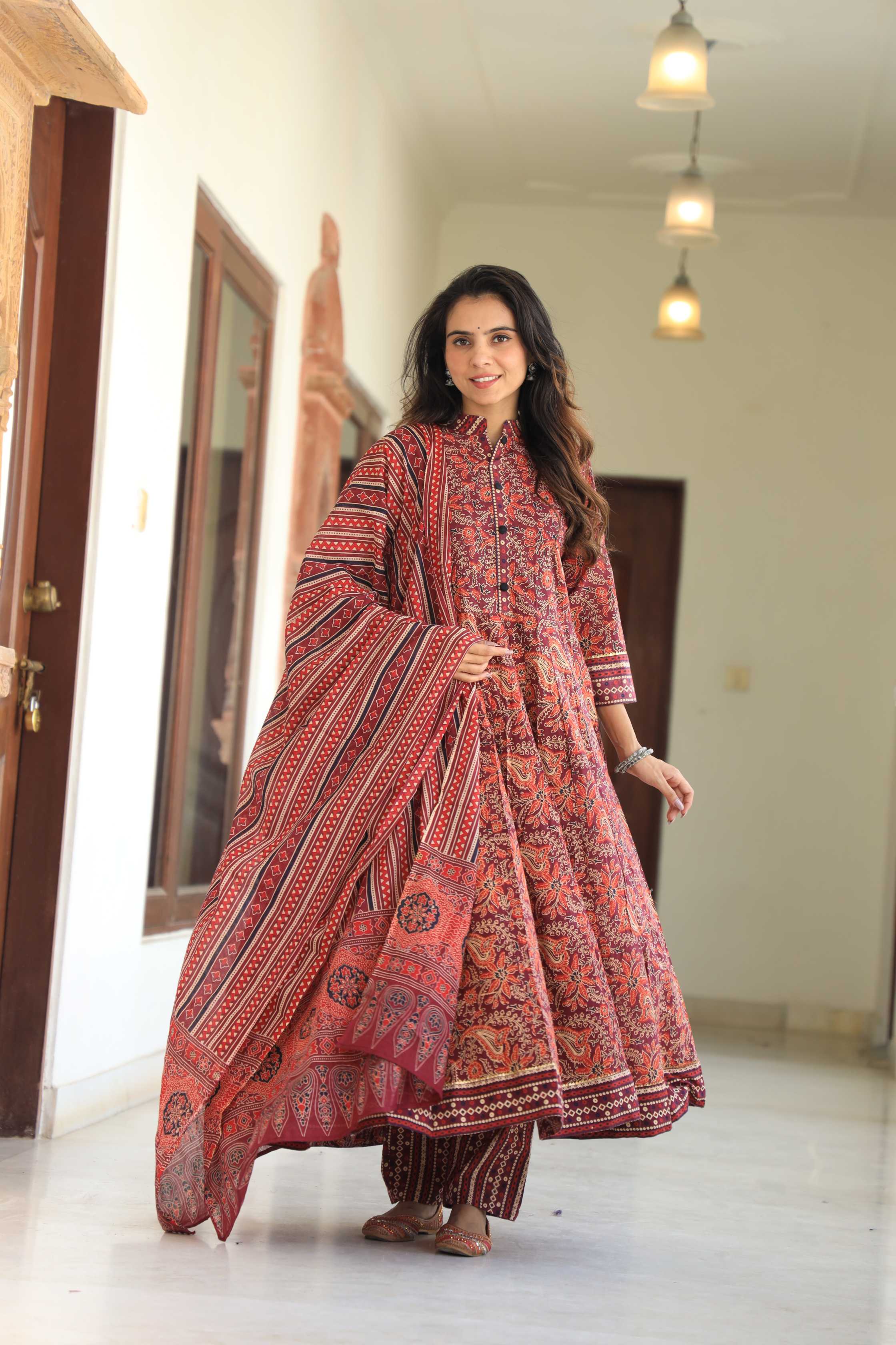 Maroon & Rust Floral Kalamkari Pure Cotton Anarkali Suit