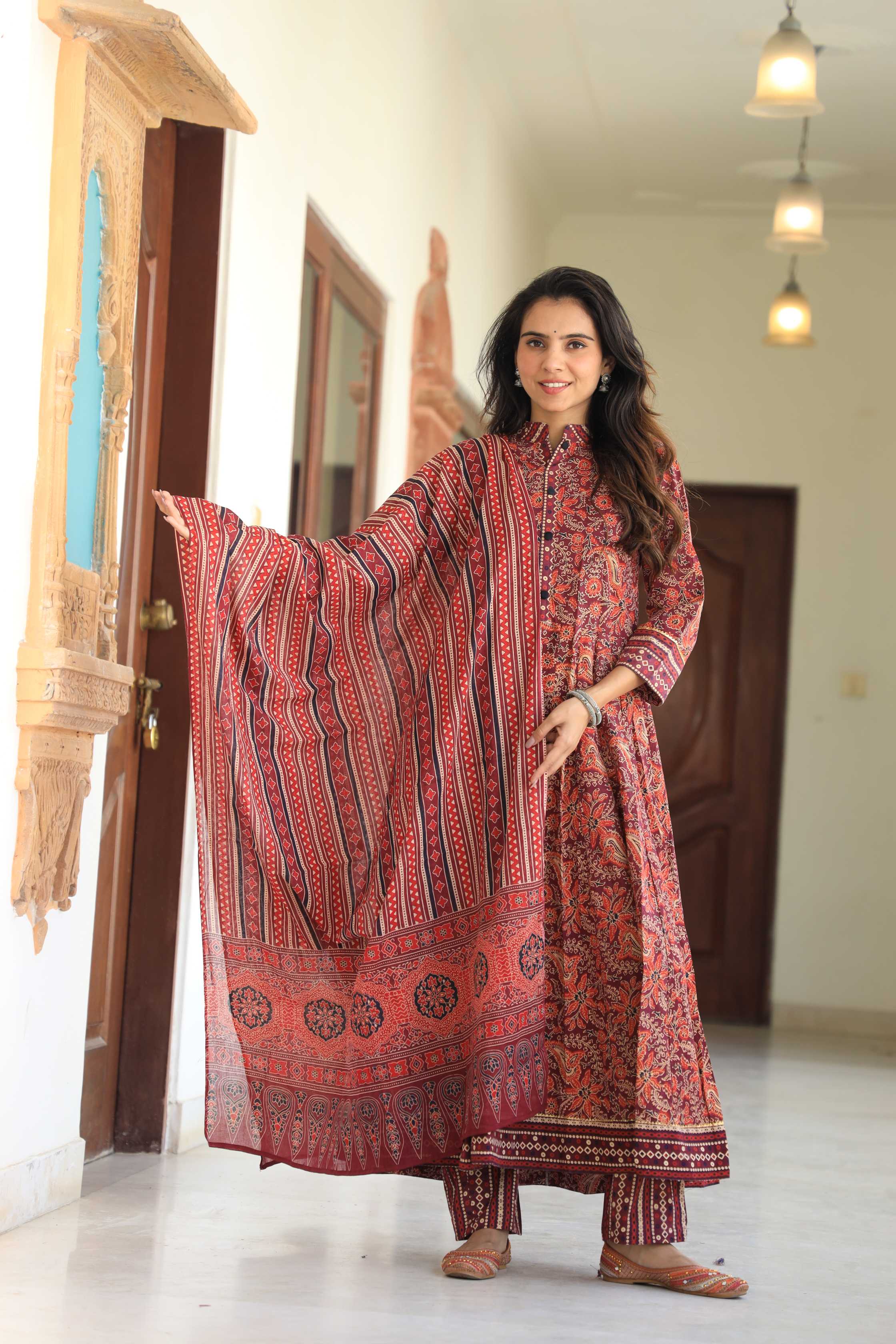 Maroon & Rust Floral Kalamkari Pure Cotton Anarkali Suit