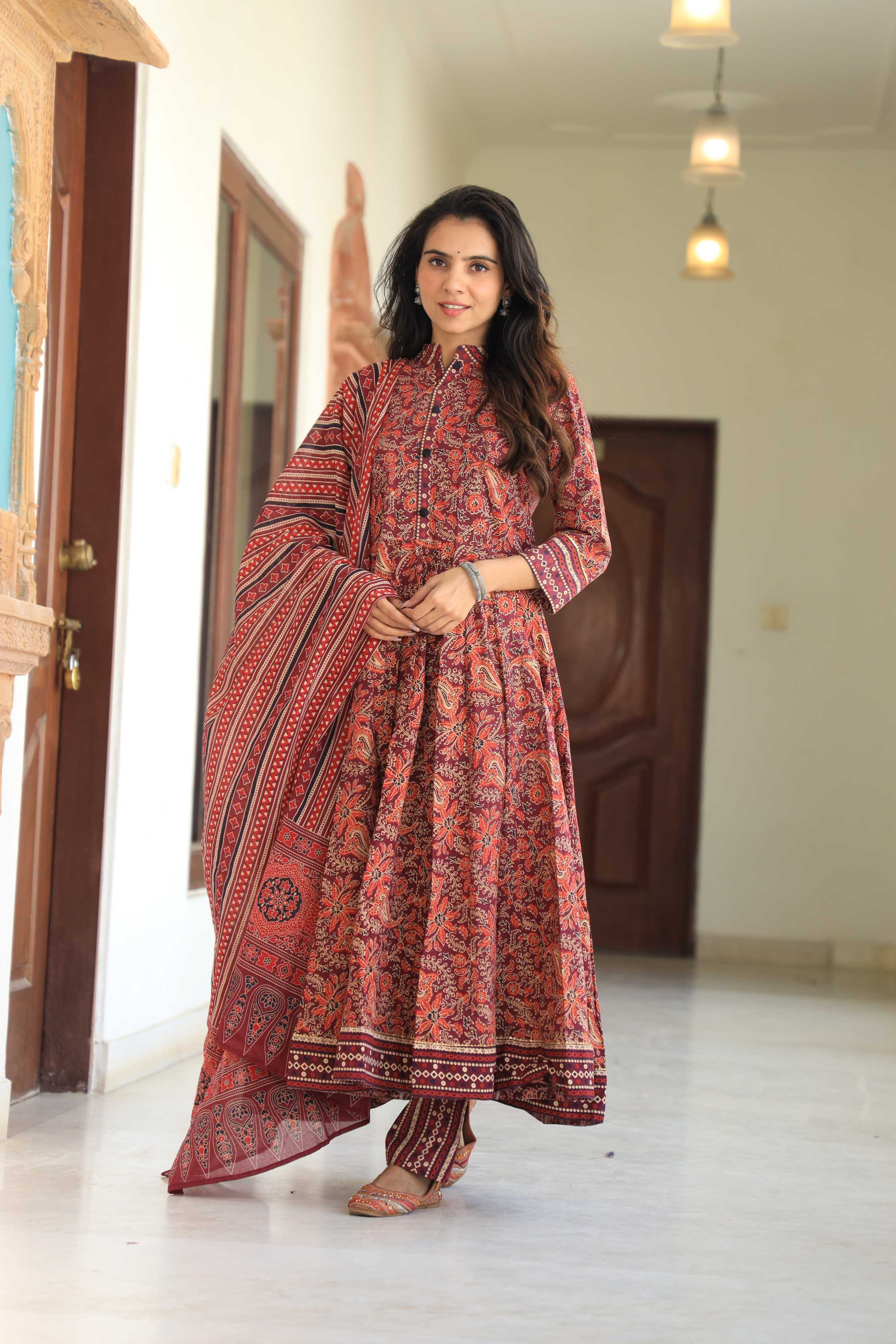 Maroon & Rust Floral Kalamkari Pure Cotton Anarkali Suit
