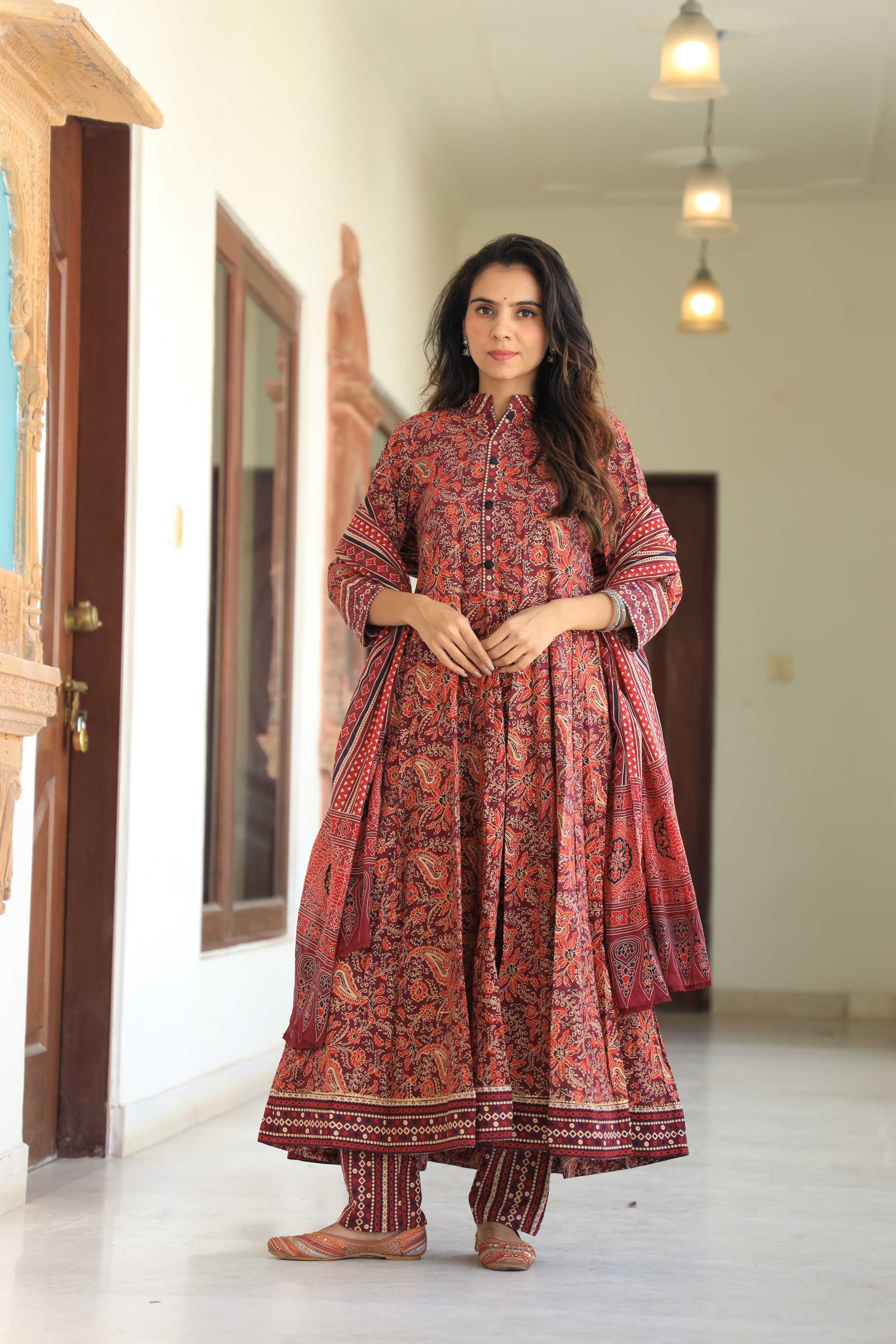 Maroon & Rust Floral Kalamkari Pure Cotton Anarkali Suit