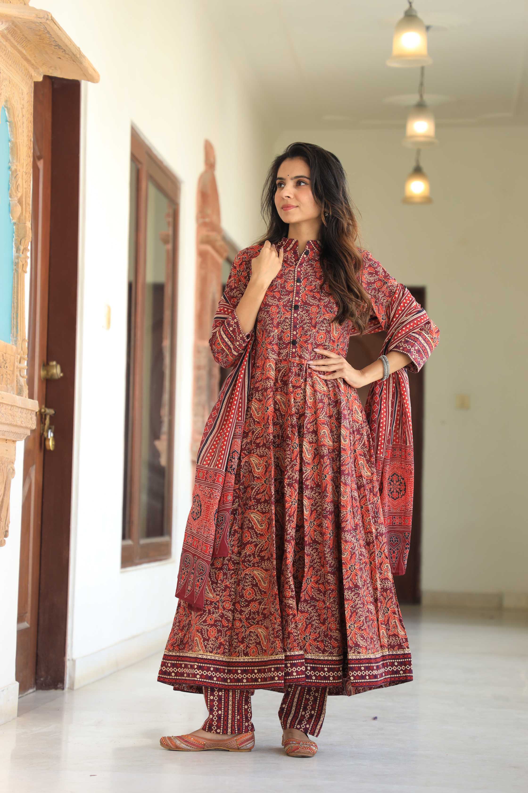 Maroon & Rust Floral Kalamkari Pure Cotton Anarkali Suit