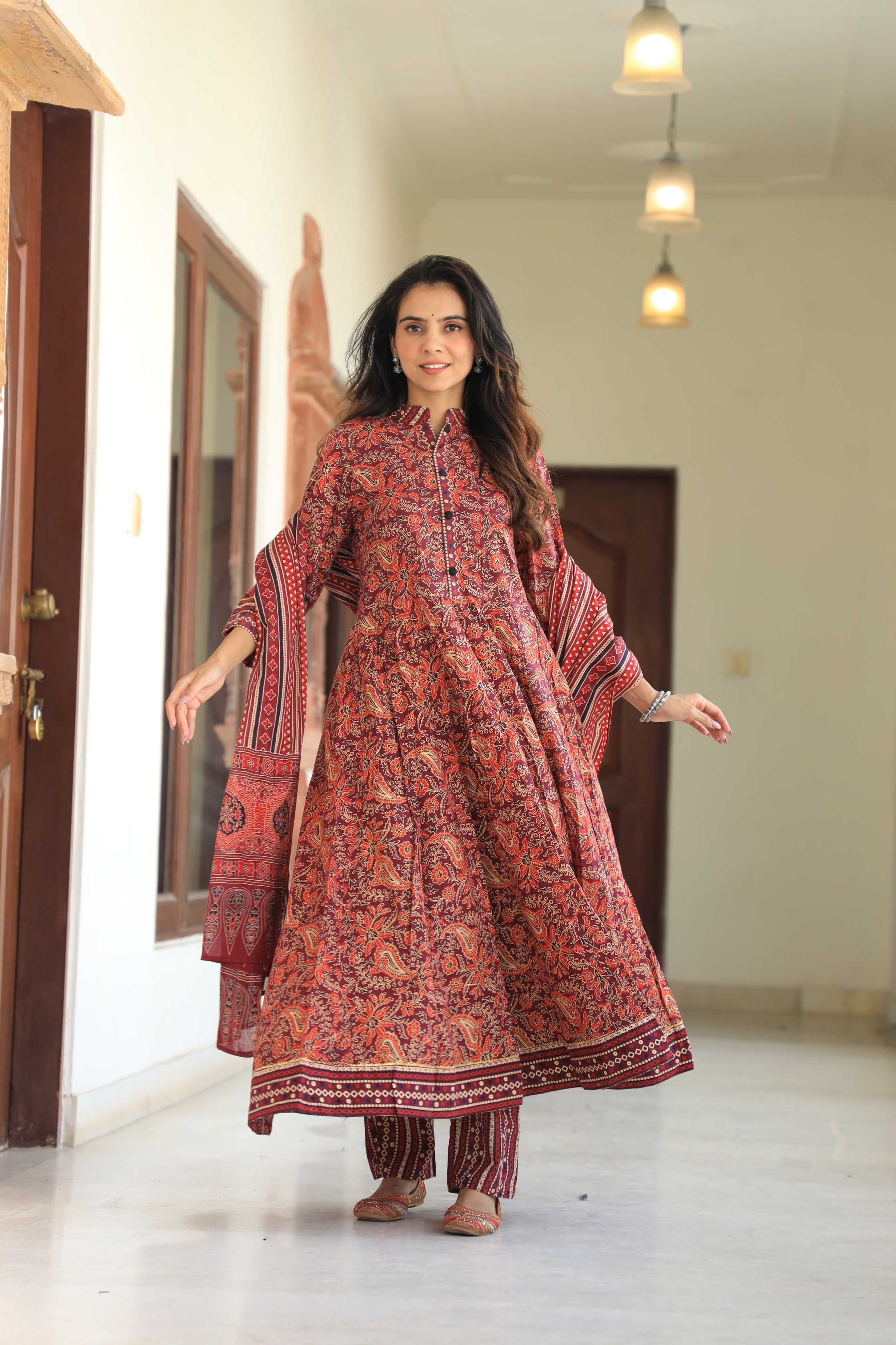 Maroon & Rust Floral Kalamkari Pure Cotton Anarkali Suit