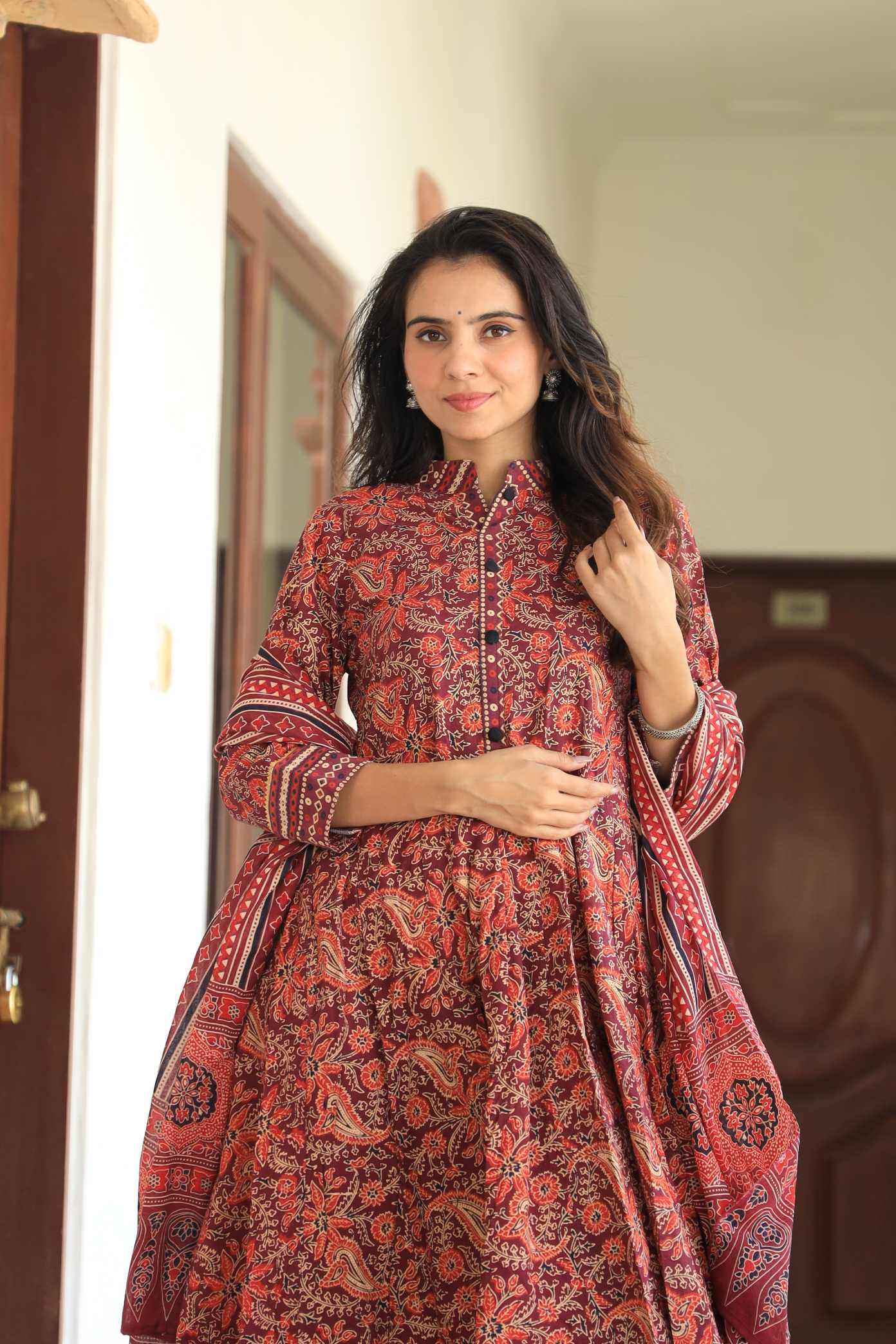 Maroon & Rust Floral Kalamkari Pure Cotton Anarkali Suit