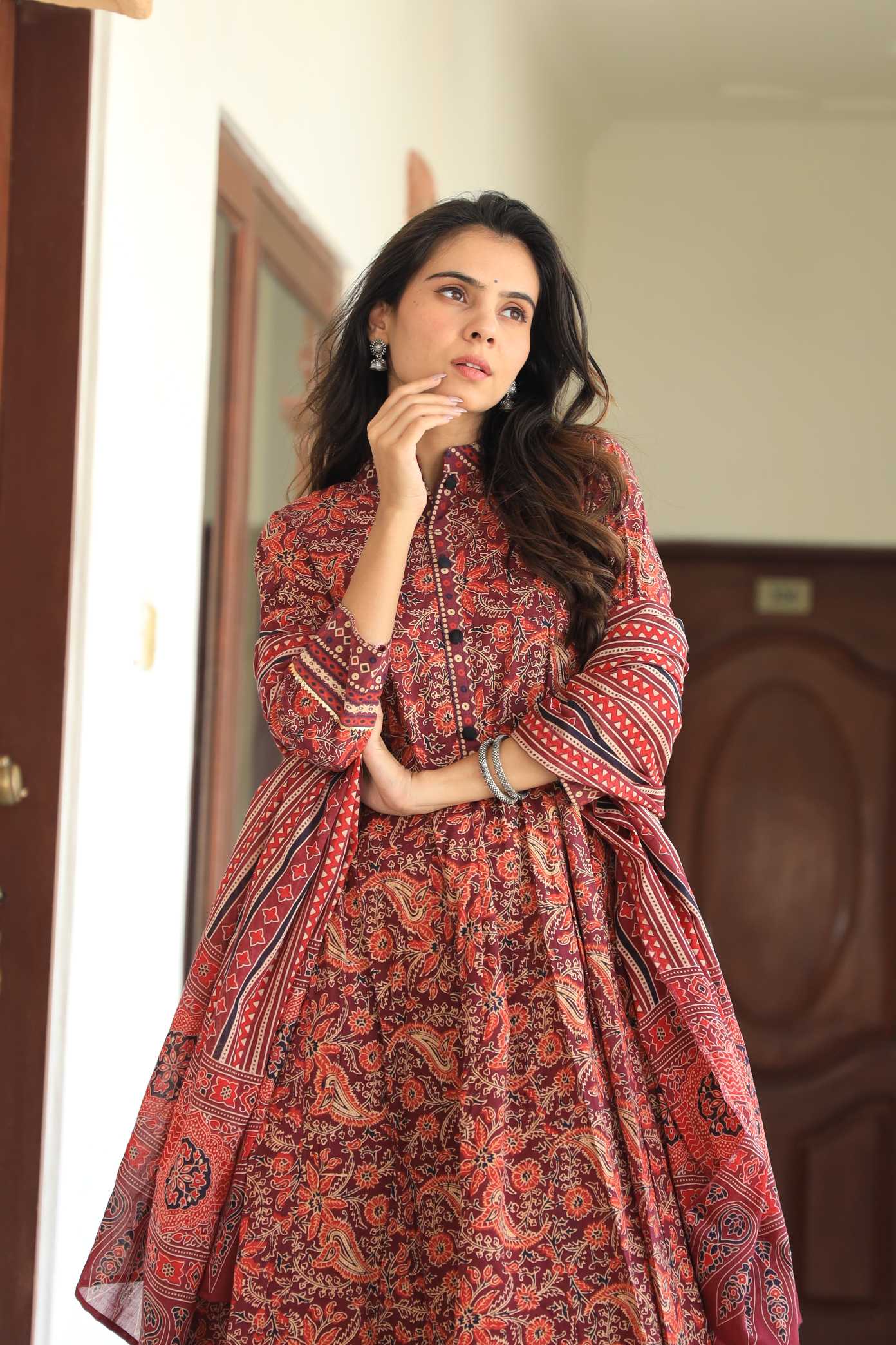 Maroon & Rust Floral Kalamkari Pure Cotton Anarkali Suit