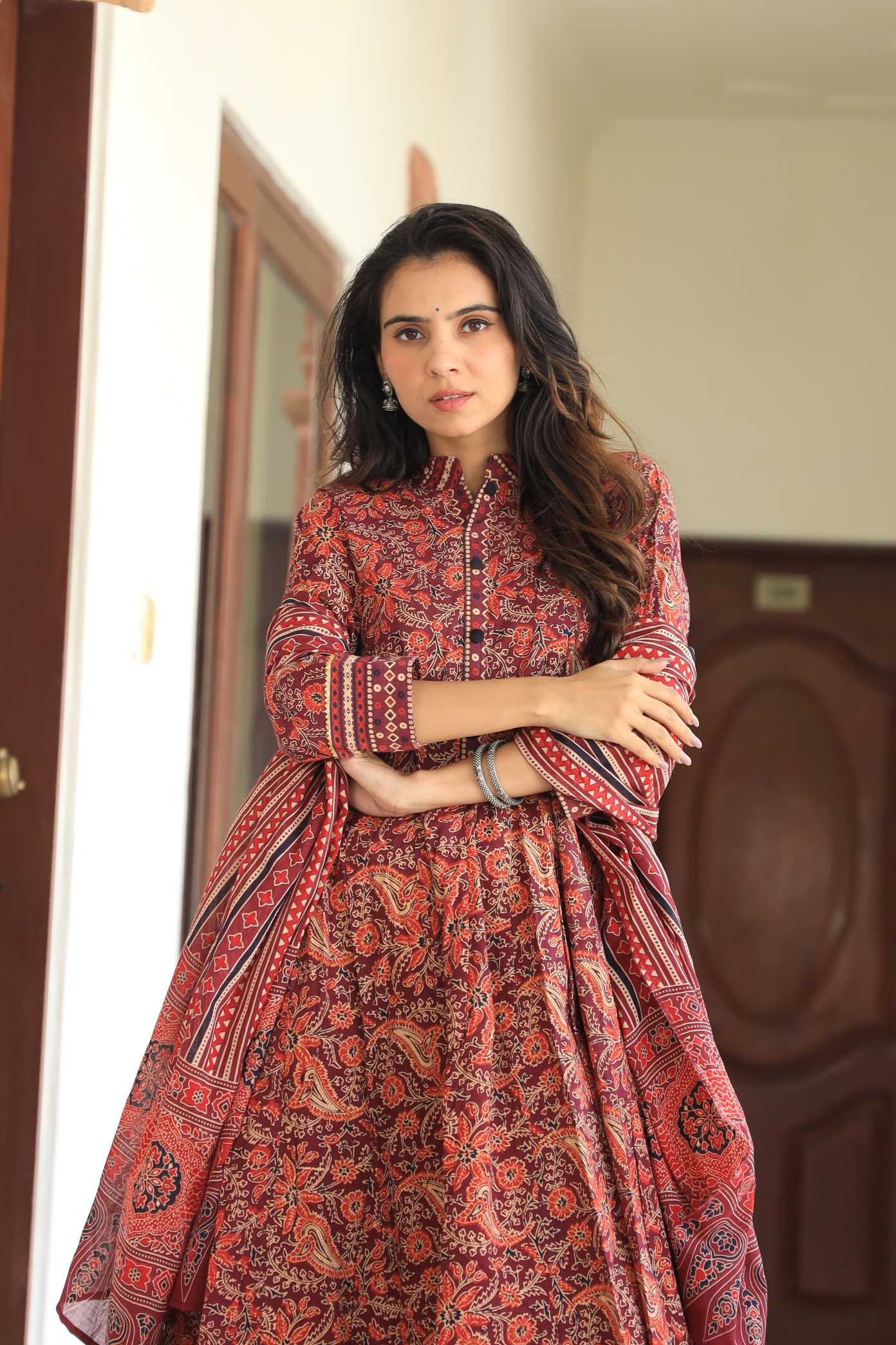 Maroon & Rust Floral Kalamkari Pure Cotton Anarkali Suit