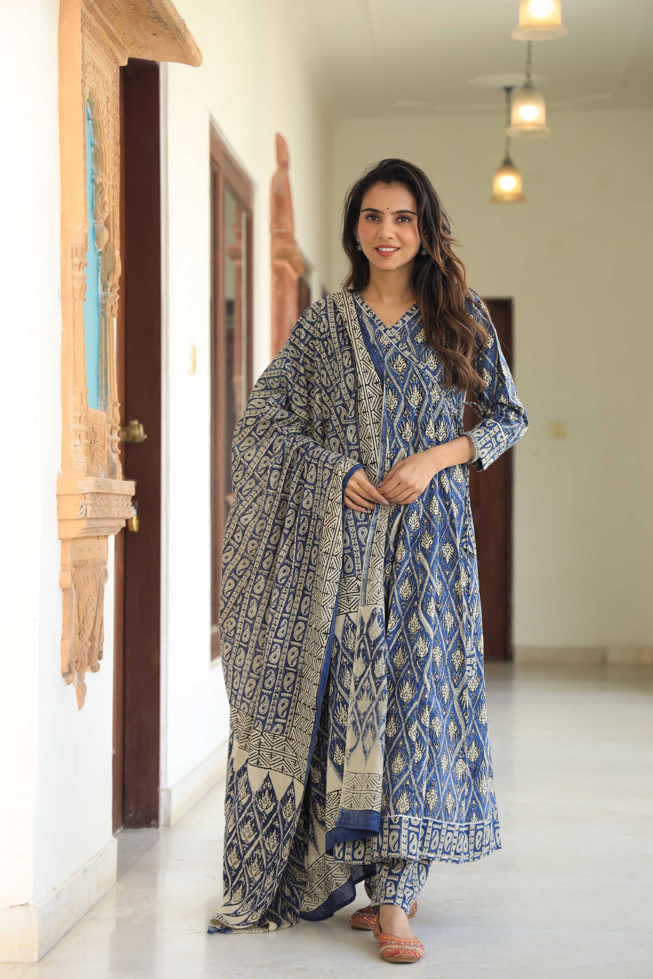 Indigo & Ivory Diamond Block Print Cotton Angrakha Anarkali Suit