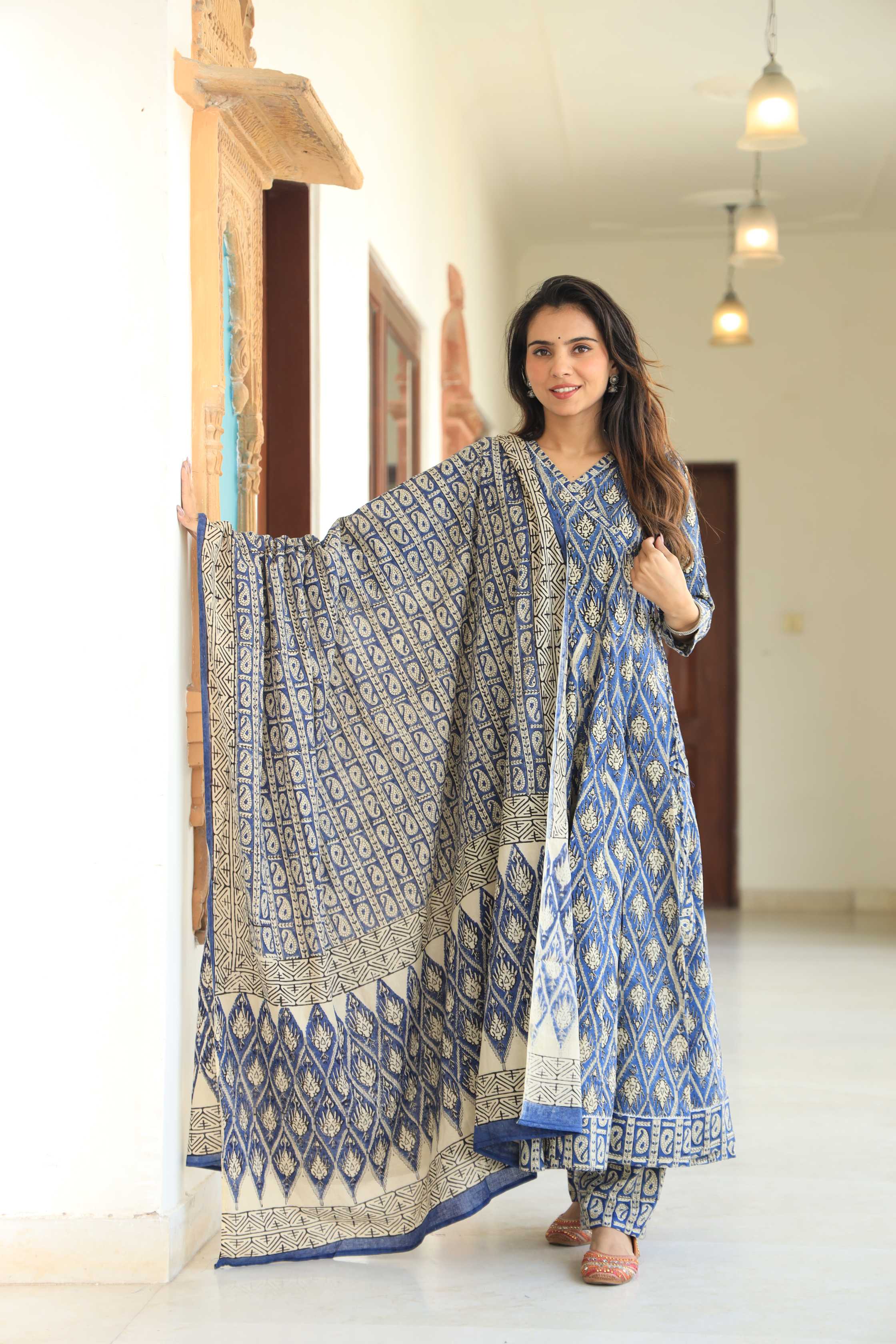 Indigo & Ivory Diamond Block Print Cotton Angrakha Anarkali Suit