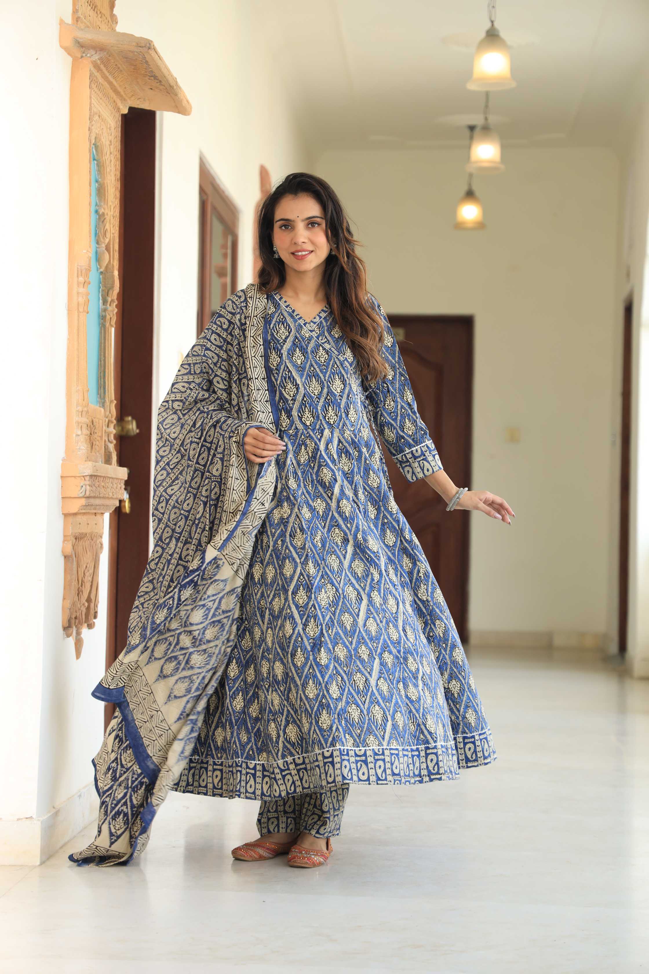 Indigo & Ivory Diamond Block Print Cotton Angrakha Anarkali Suit