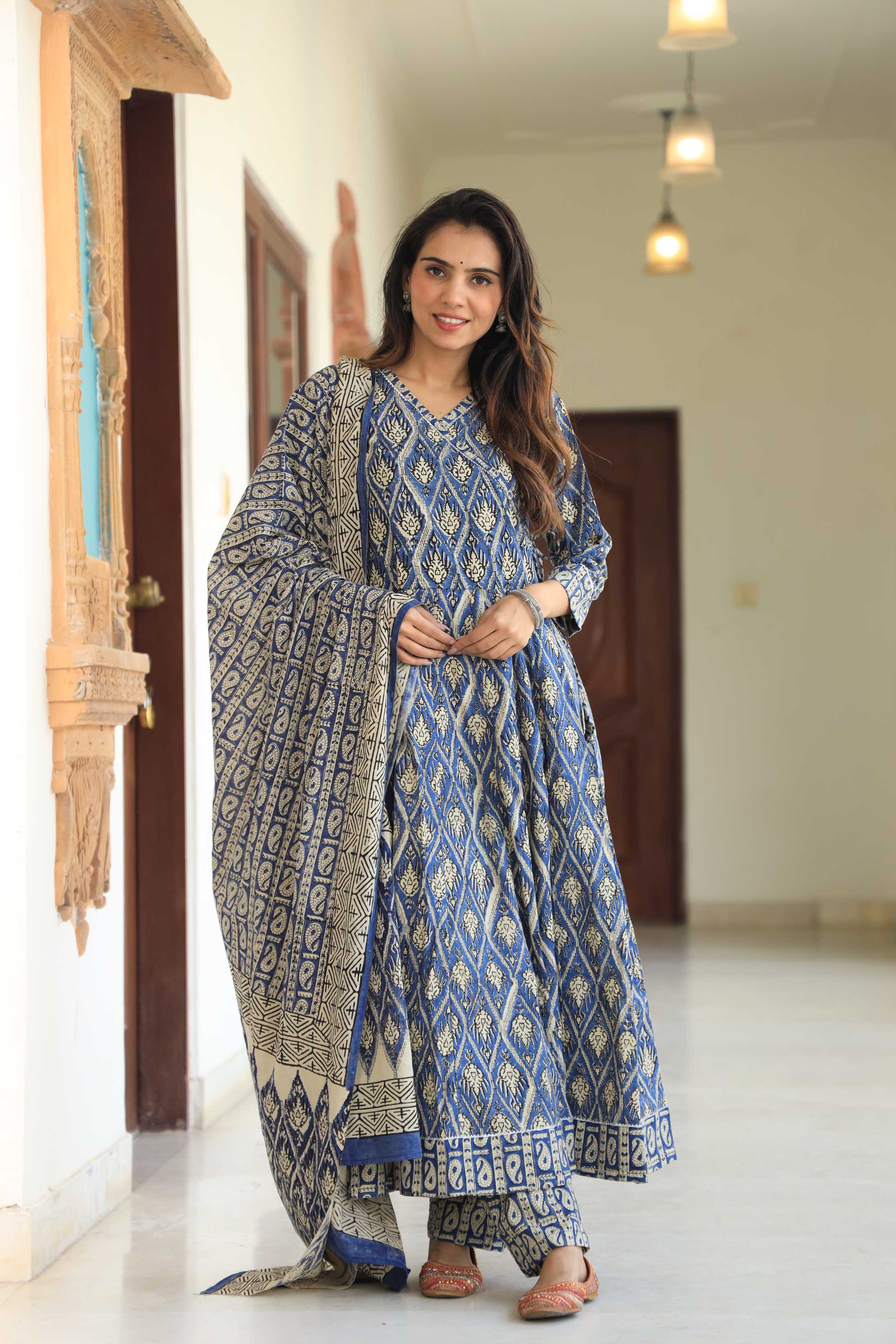 Indigo & Ivory Diamond Block Print Cotton Angrakha Anarkali Suit