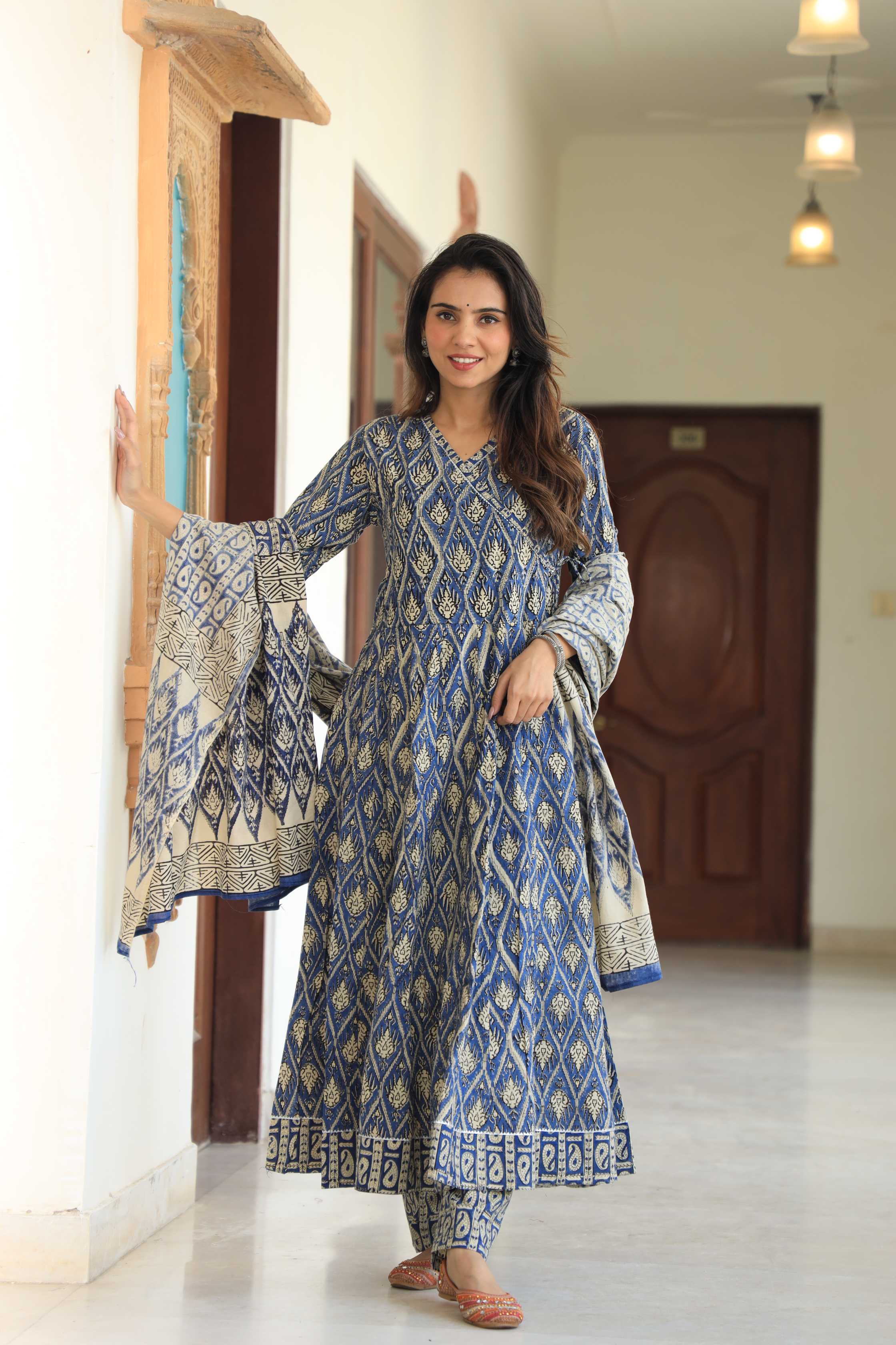 Indigo & Ivory Diamond Block Print Cotton Angrakha Anarkali Suit
