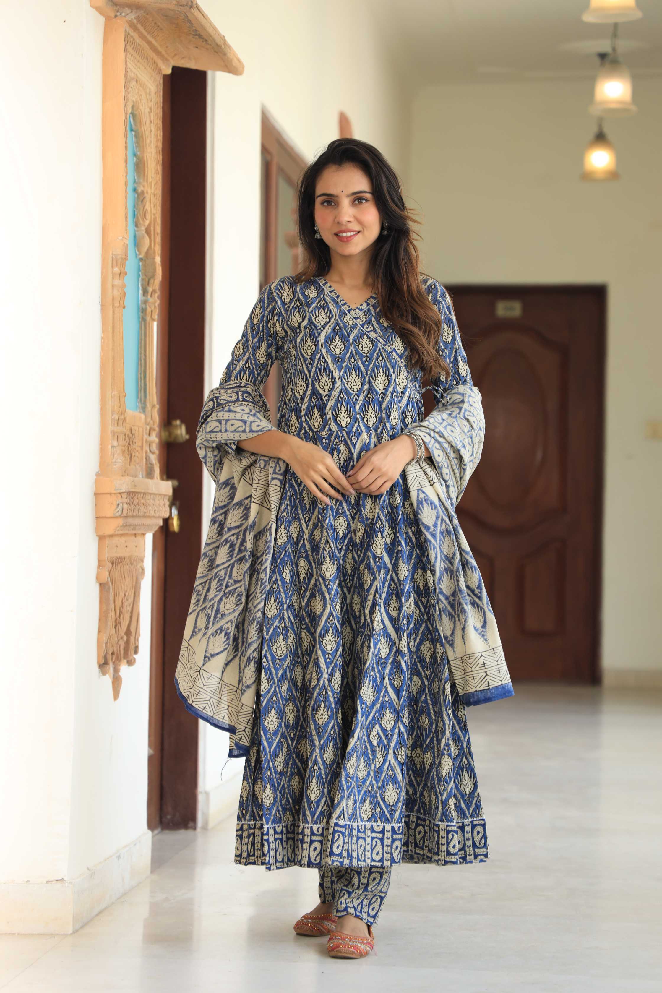 Indigo & Ivory Diamond Block Print Cotton Angrakha Anarkali Suit