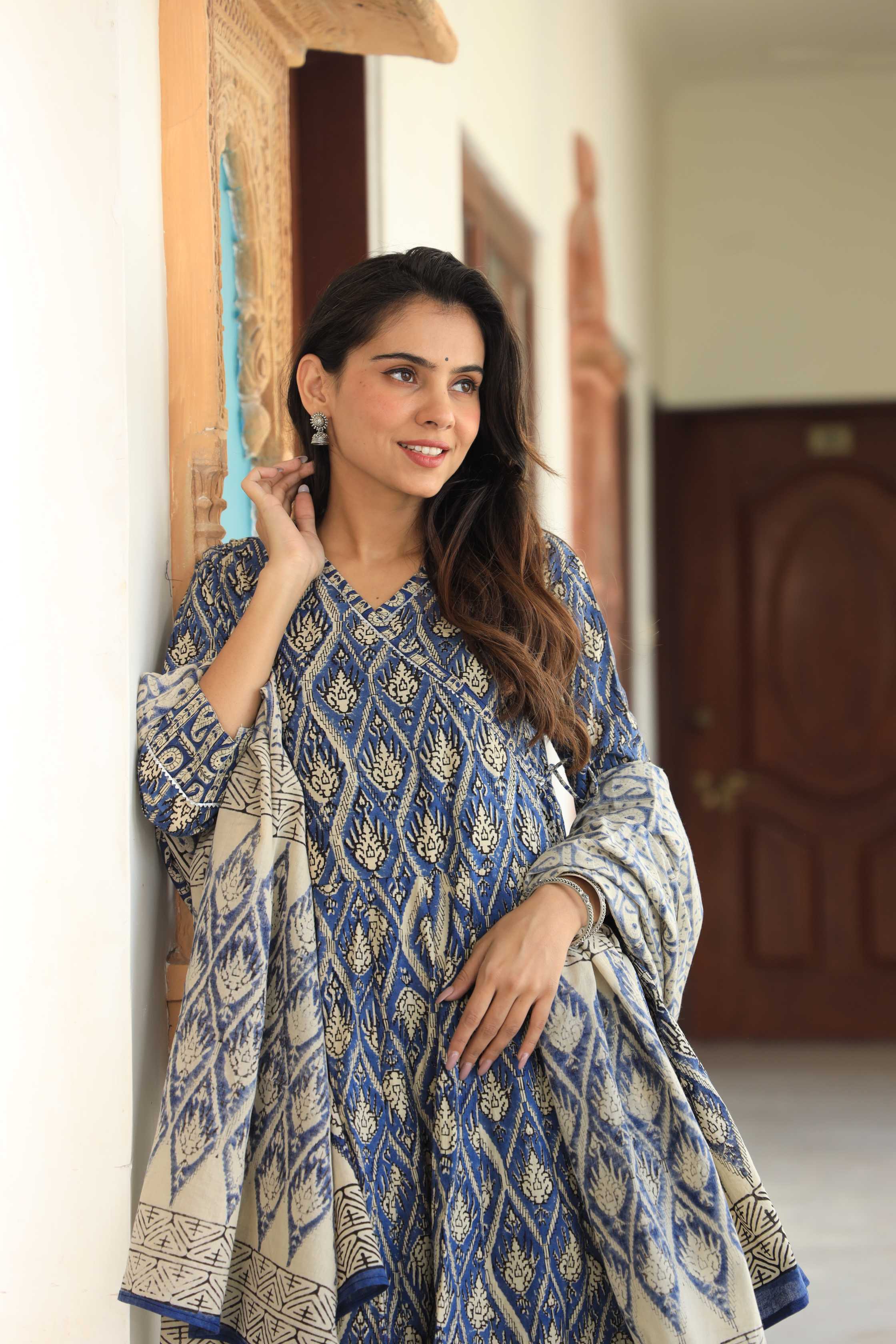 Indigo & Ivory Diamond Block Print Cotton Angrakha Anarkali Suit