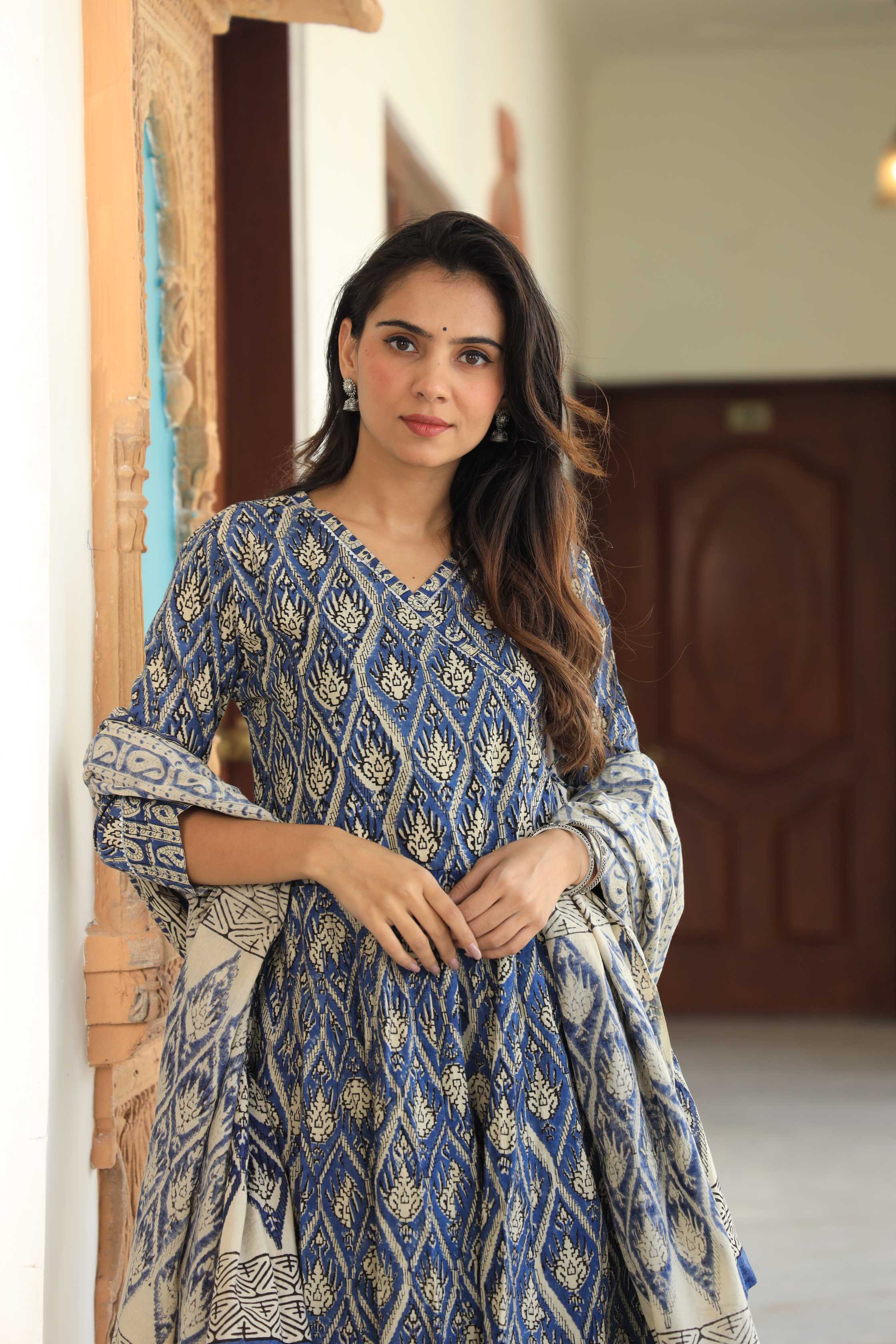 Indigo & Ivory Diamond Block Print Cotton Angrakha Anarkali Suit