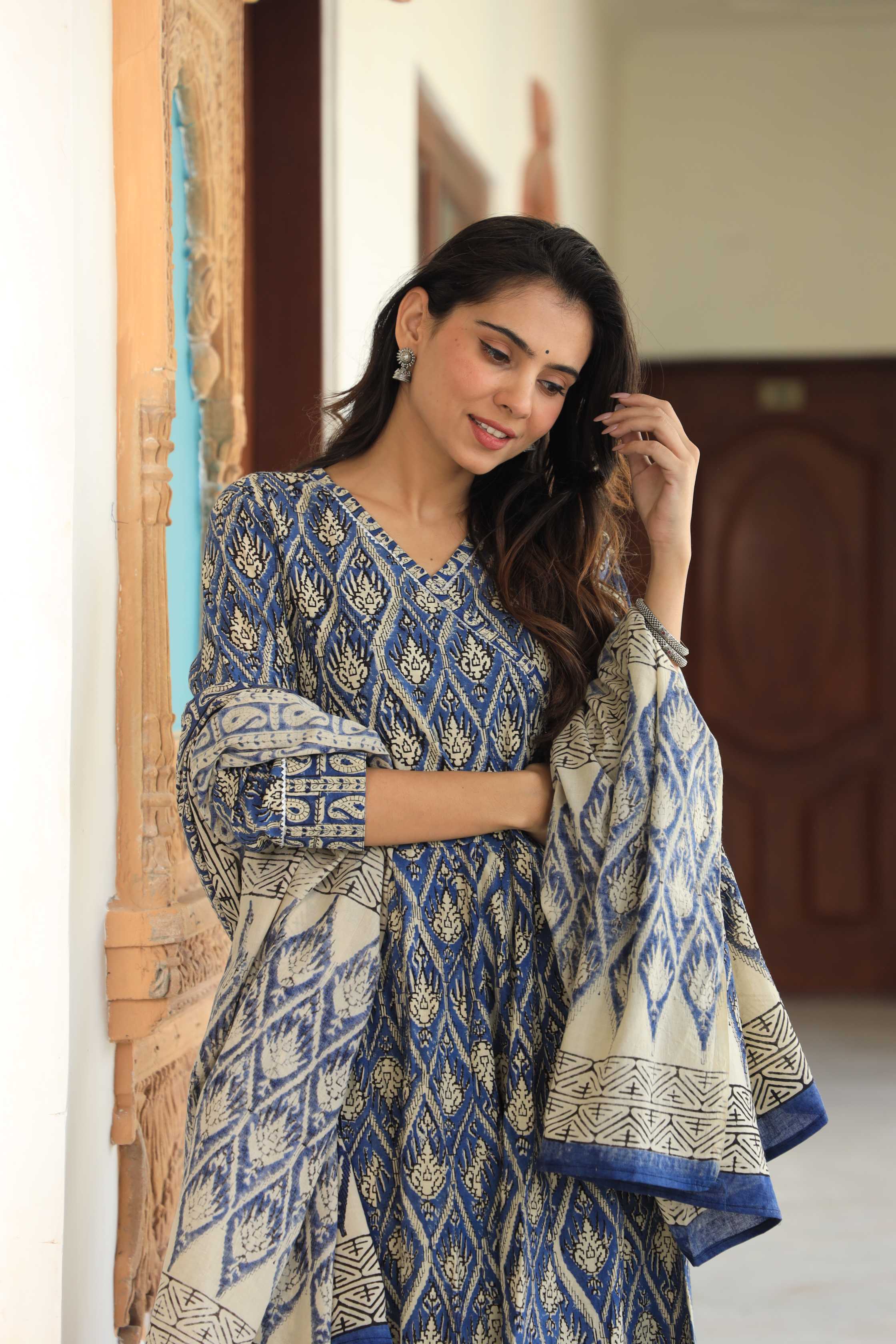 Indigo & Ivory Diamond Block Print Cotton Angrakha Anarkali Suit