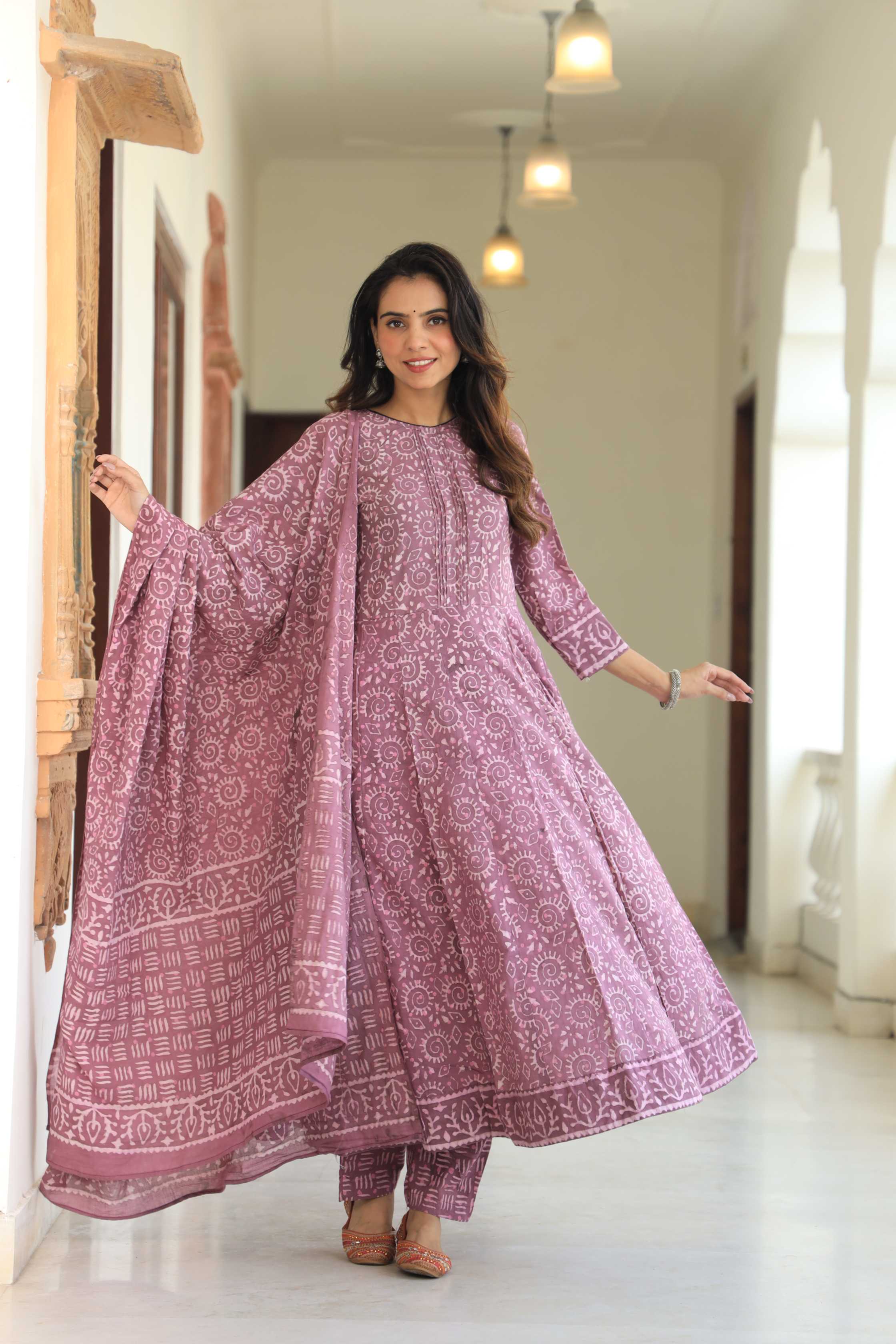 Dusty Mauve & Lilac Sun-Wheel Print Cotton Anarkali Suit