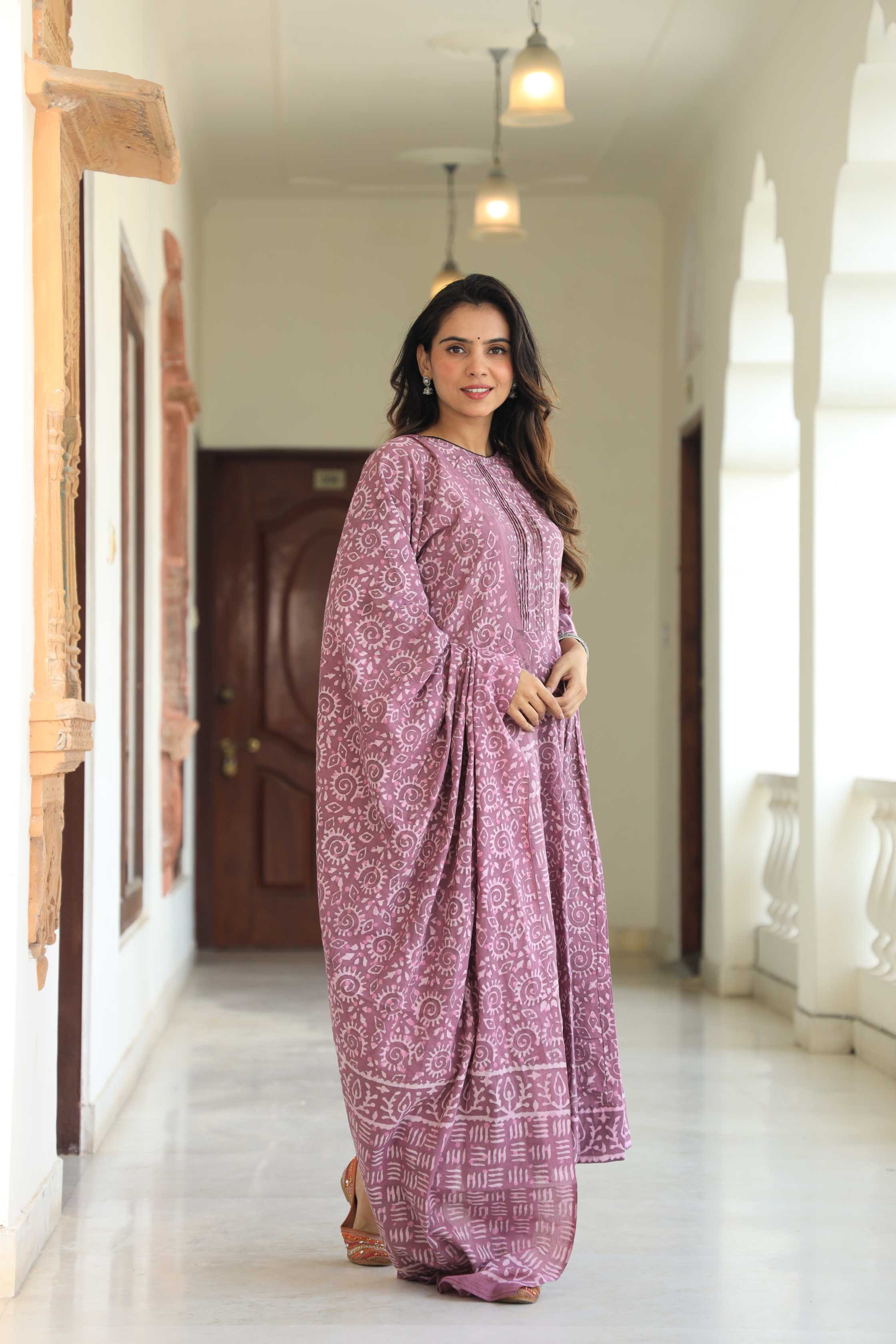 Dusty Mauve & Lilac Sun-Wheel Print Cotton Anarkali Suit