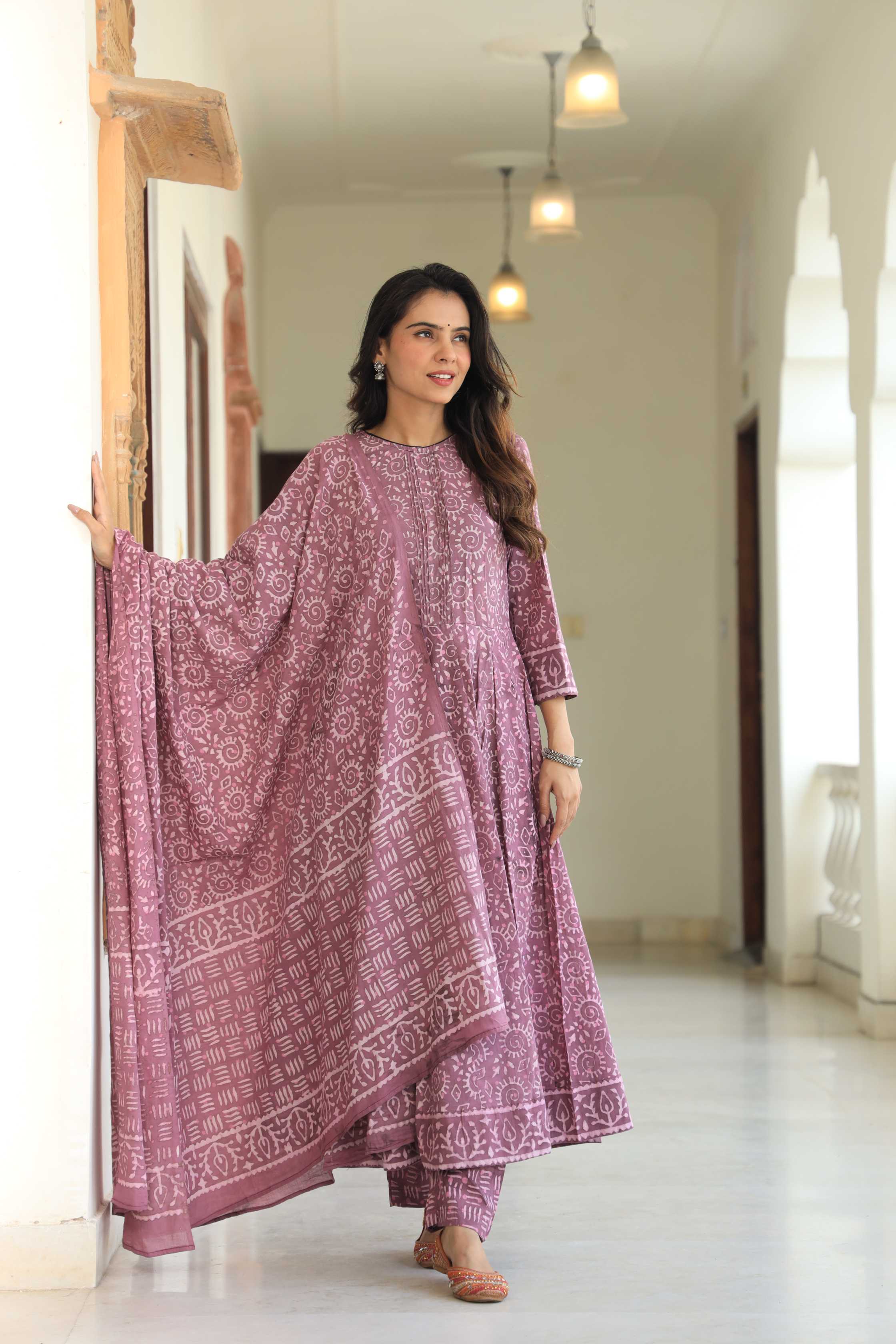 Dusty Mauve & Lilac Sun-Wheel Print Cotton Anarkali Suit