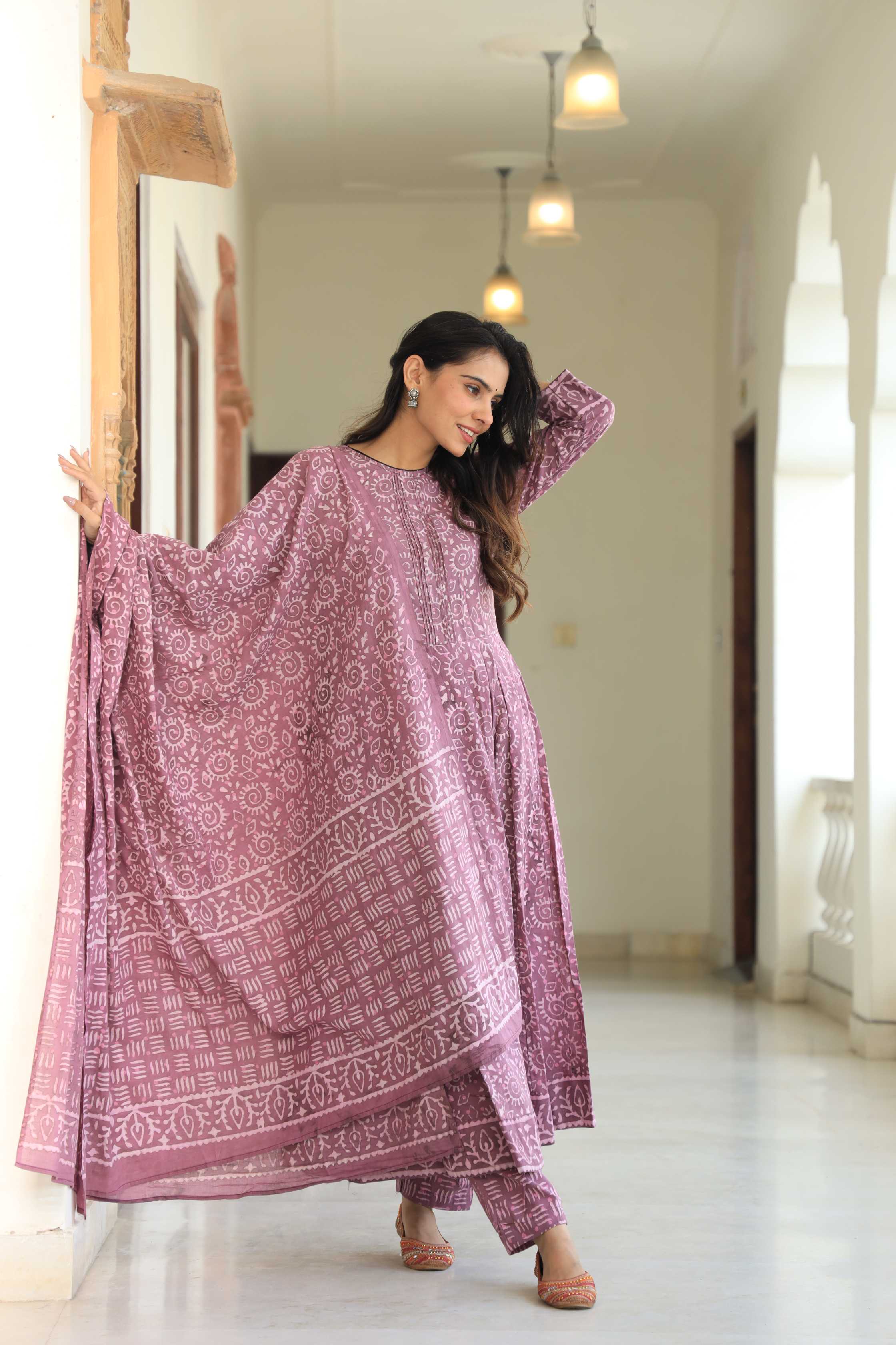 Dusty Mauve & Lilac Sun-Wheel Print Cotton Anarkali Suit