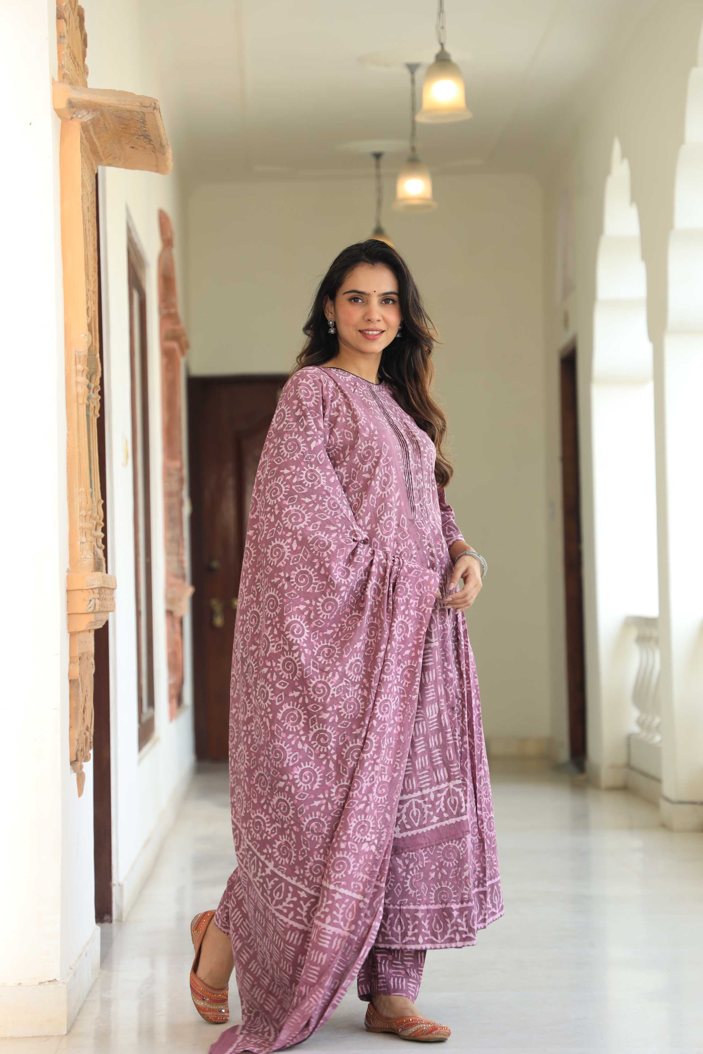 Dusty Mauve & Lilac Sun-Wheel Print Cotton Anarkali Suit