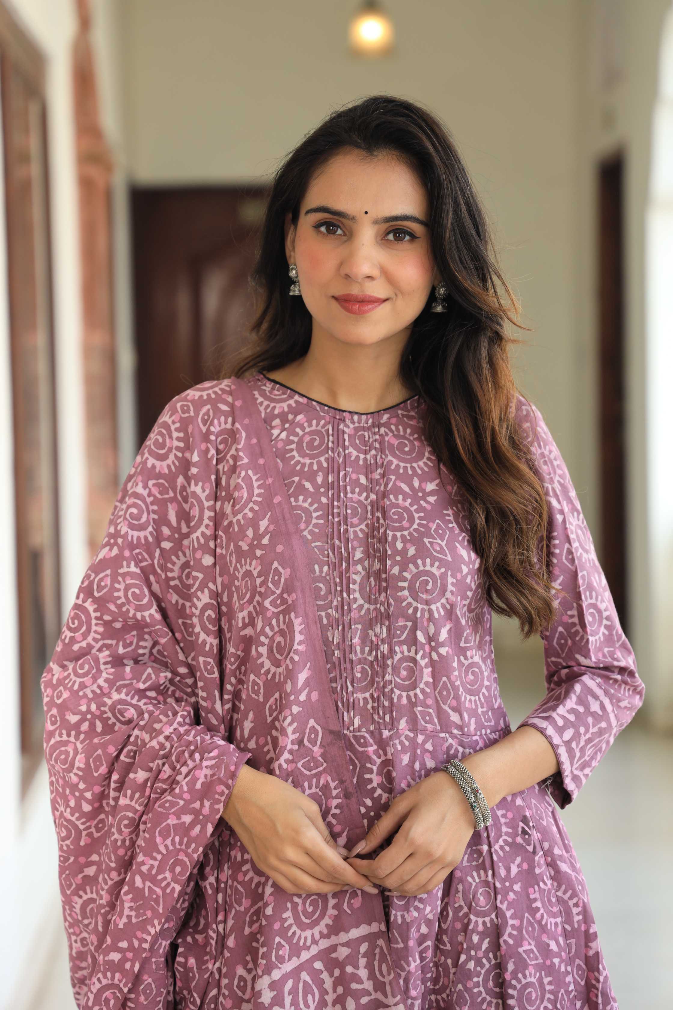 Dusty Mauve & Lilac Sun-Wheel Print Cotton Anarkali Suit