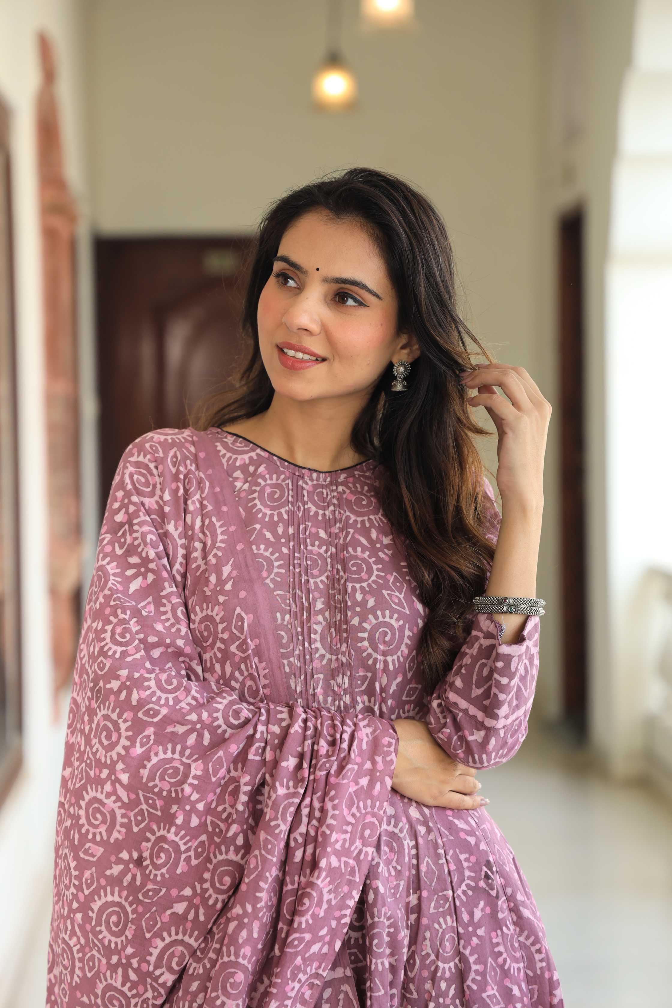 Dusty Mauve & Lilac Sun-Wheel Print Cotton Anarkali Suit