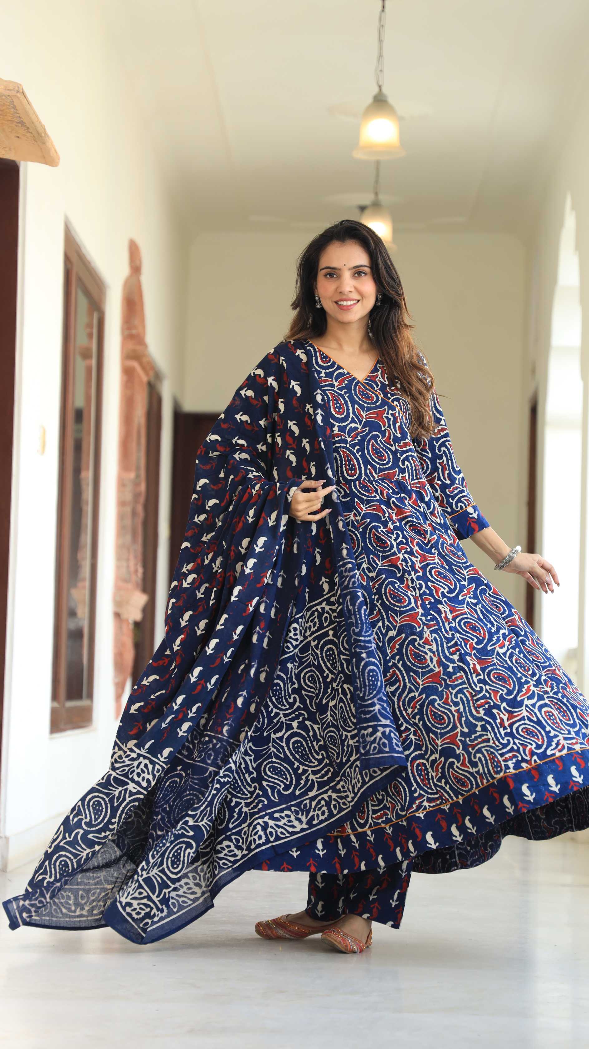 Indigo Blue Ajrakh Print Pure Cotton V-Neck Anarkali Suit