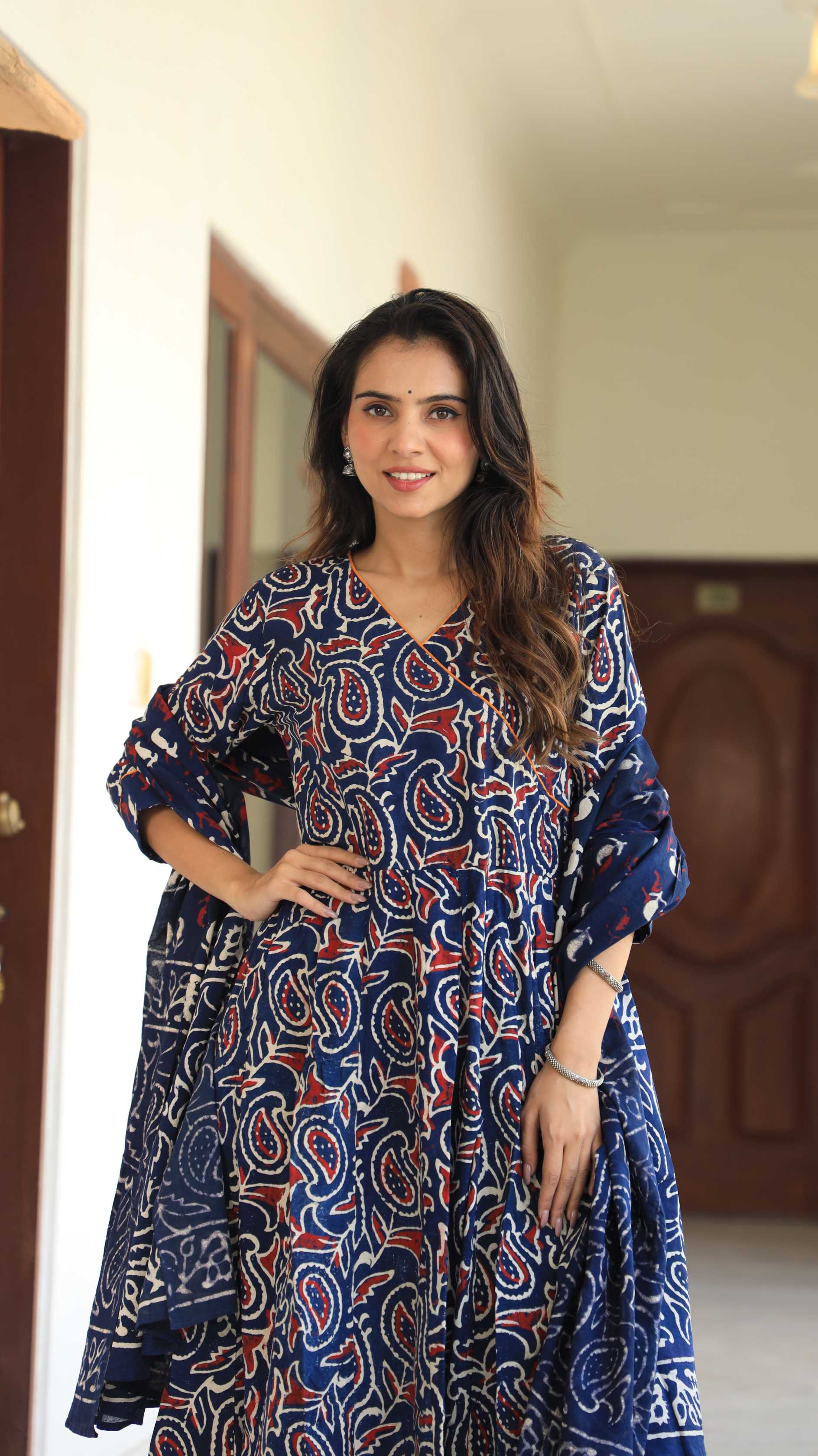 Indigo Blue Ajrakh Print Pure Cotton V-Neck Anarkali Suit