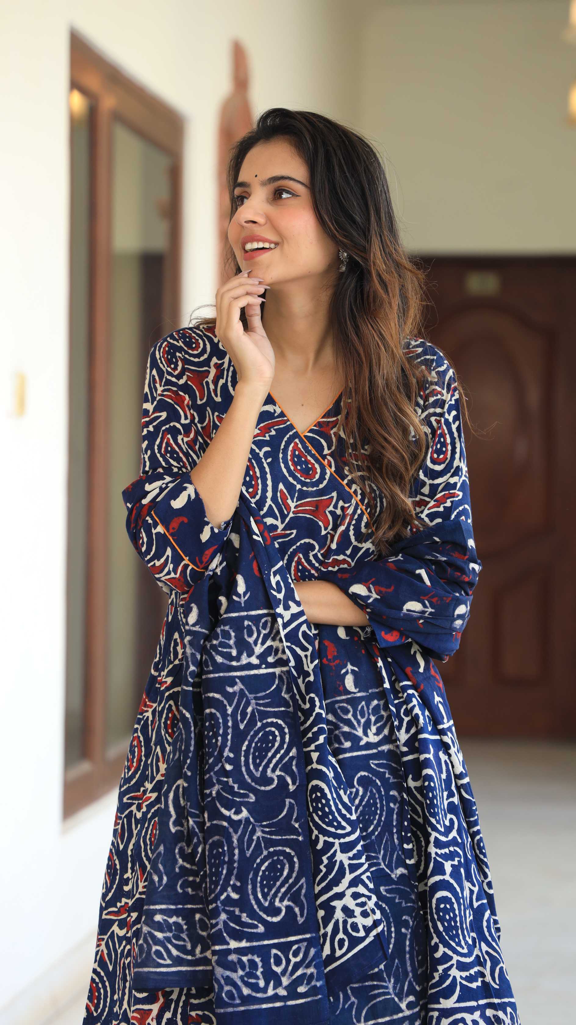 Indigo Blue Ajrakh Print Pure Cotton V-Neck Anarkali Suit