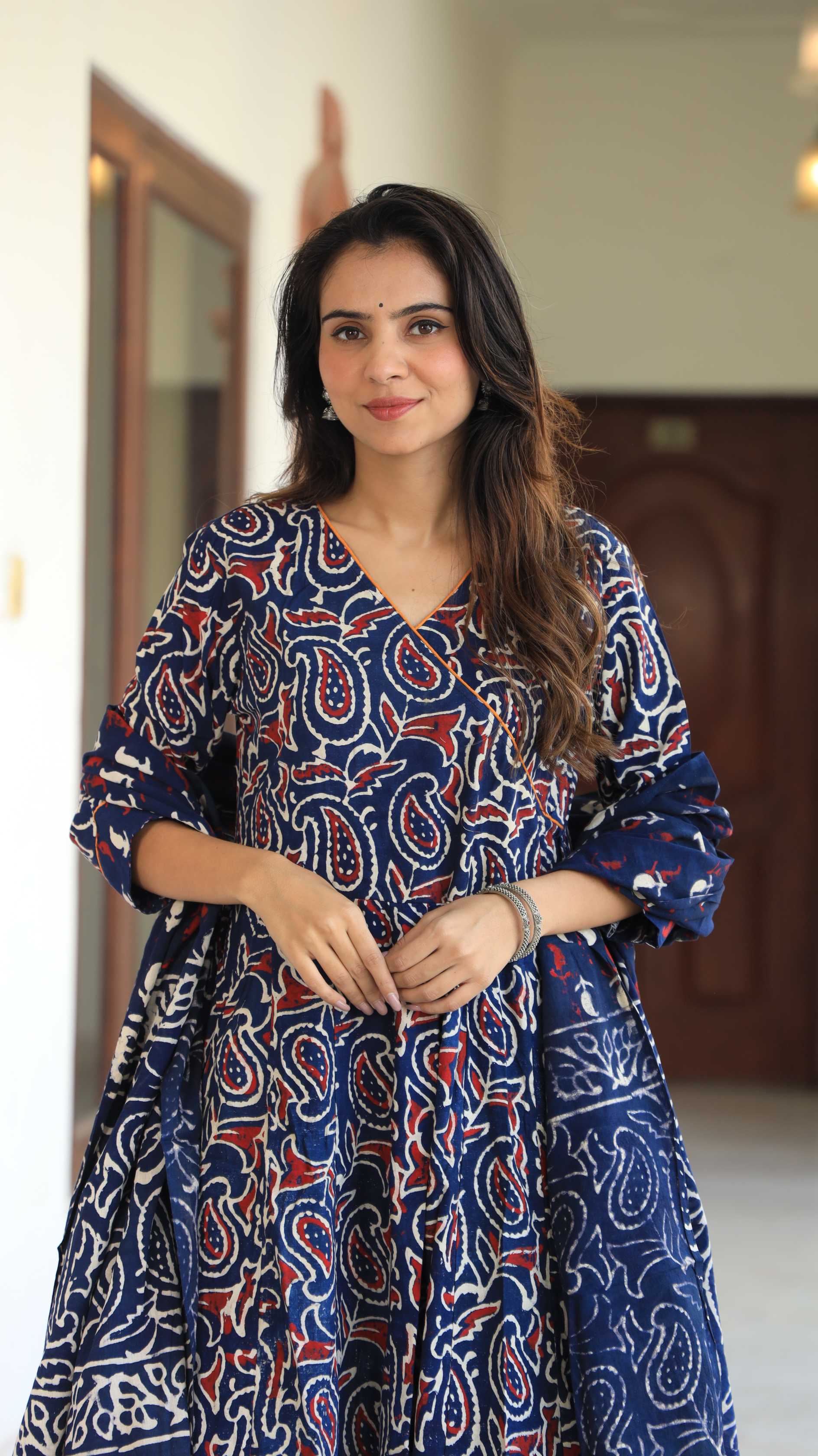 Indigo Blue Ajrakh Print Pure Cotton V-Neck Anarkali Suit