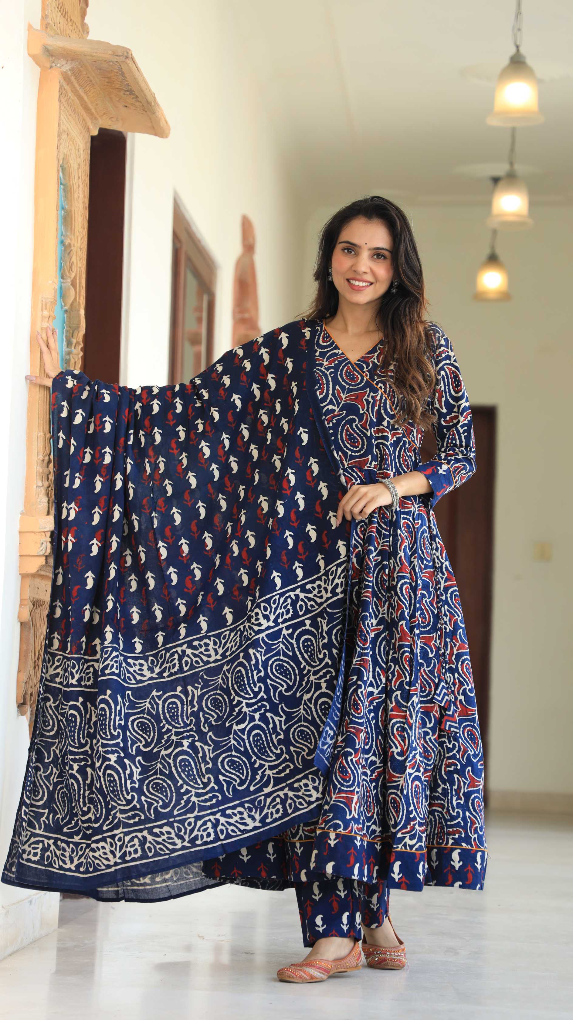 Indigo Blue Ajrakh Print Pure Cotton V-Neck Anarkali Suit