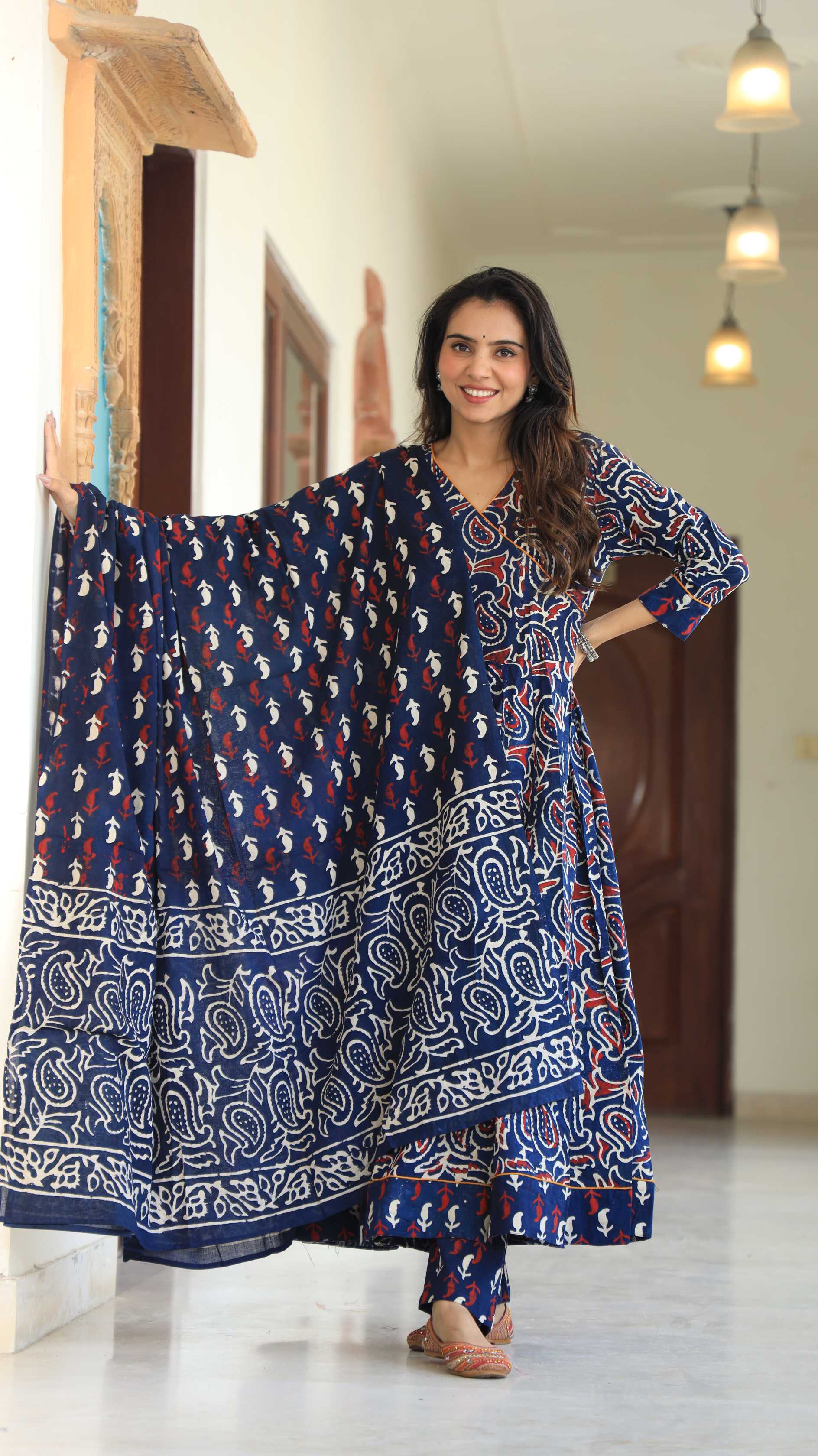 Indigo Blue Ajrakh Print Pure Cotton V-Neck Anarkali Suit