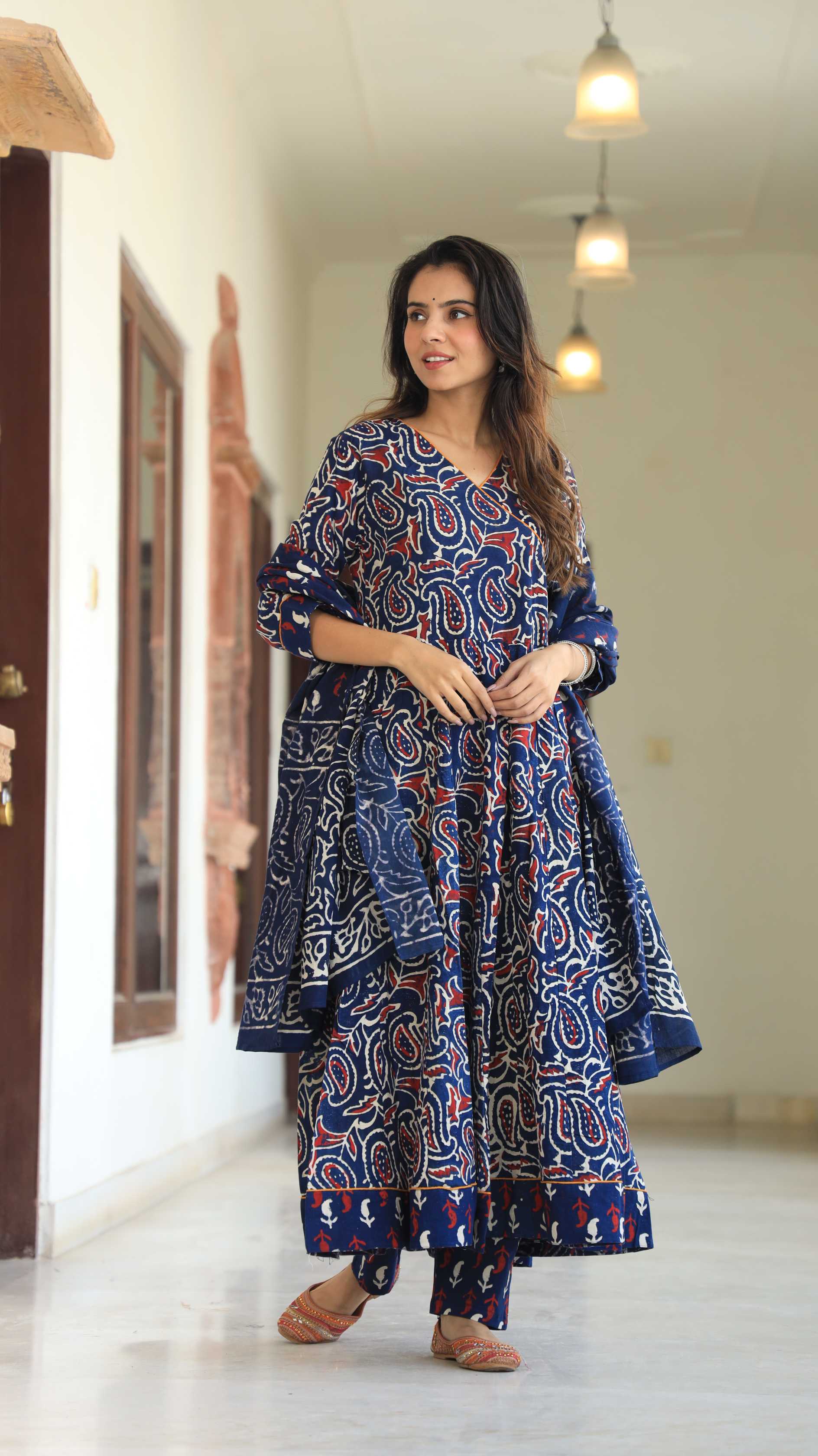 Indigo Blue Ajrakh Print Pure Cotton V-Neck Anarkali Suit