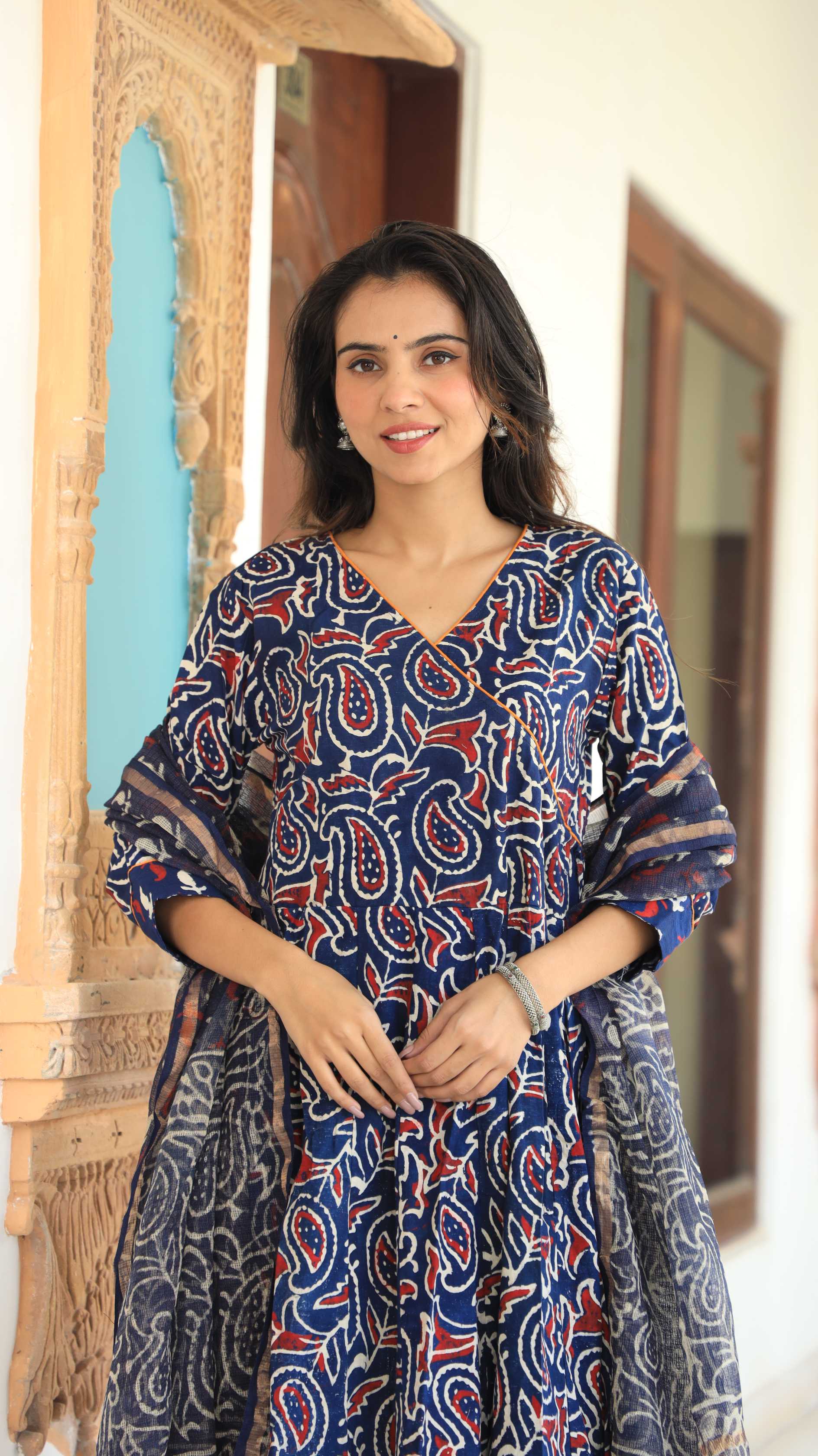 Indigo Blue Ajrakh Print Pure Cotton V-Neck Anarkali Suit