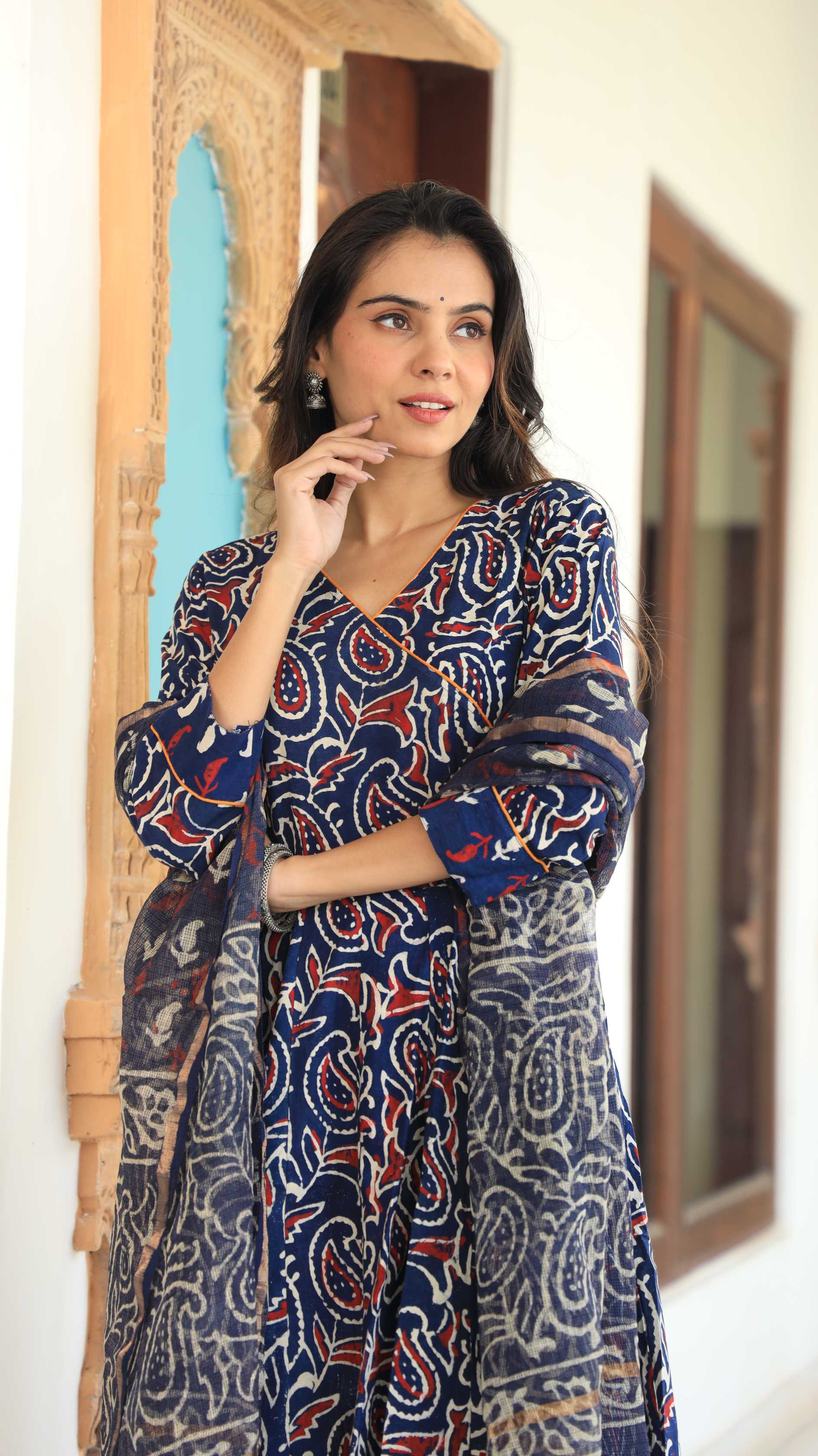 Indigo Blue Ajrakh Print Pure Cotton V-Neck Anarkali Suit