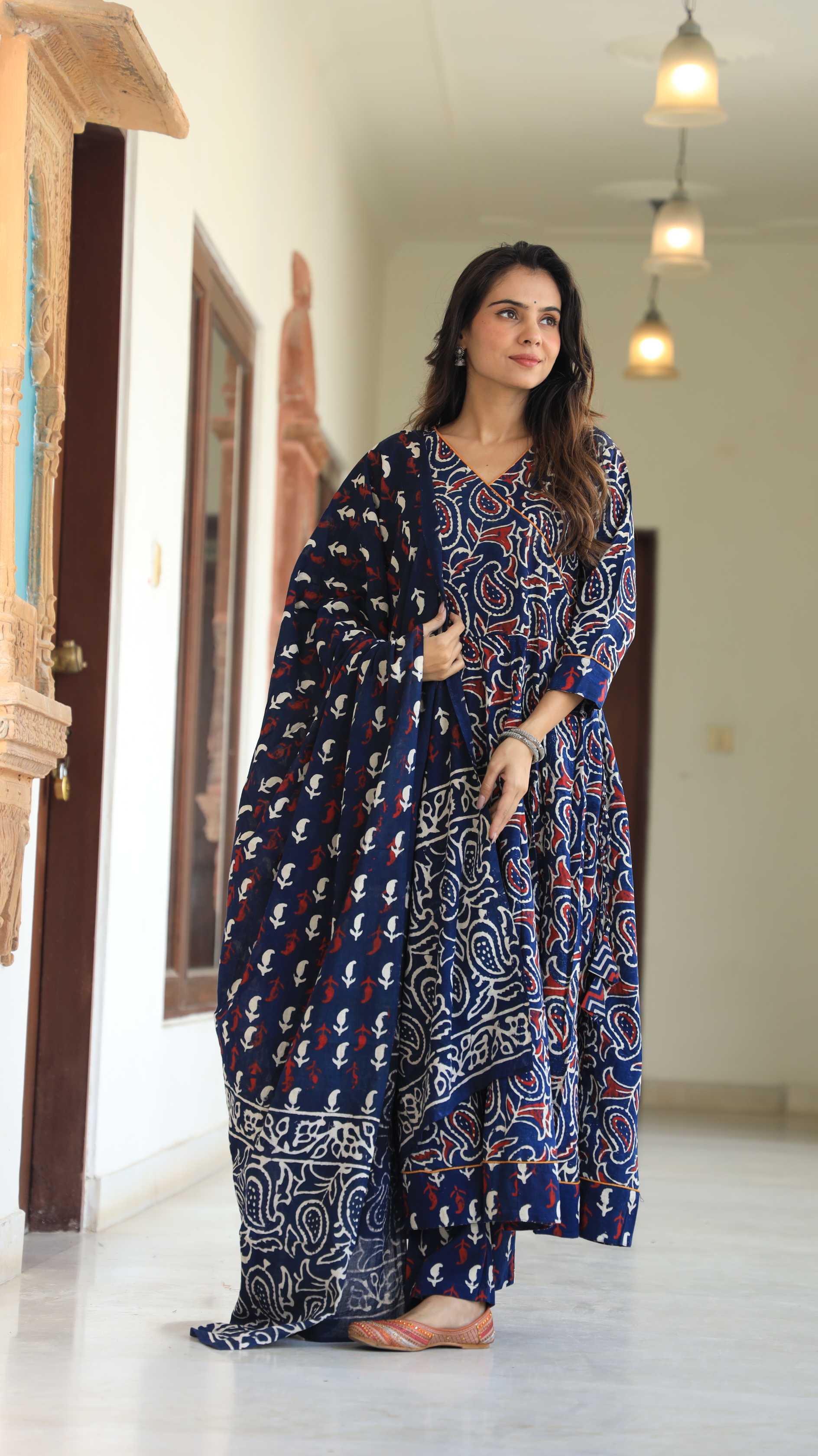 Indigo Blue Ajrakh Print Pure Cotton V-Neck Anarkali Suit